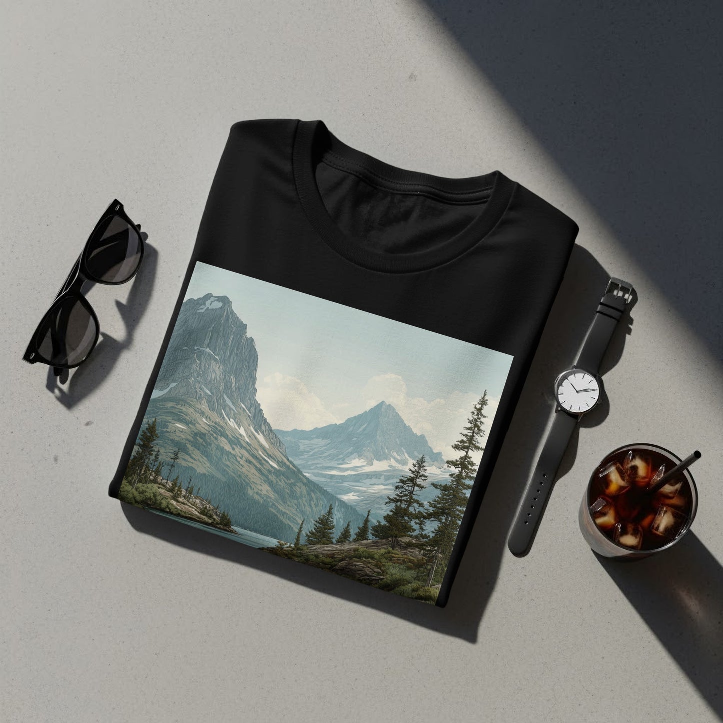 Scenic Mountain Print on Black T-Shirt Product