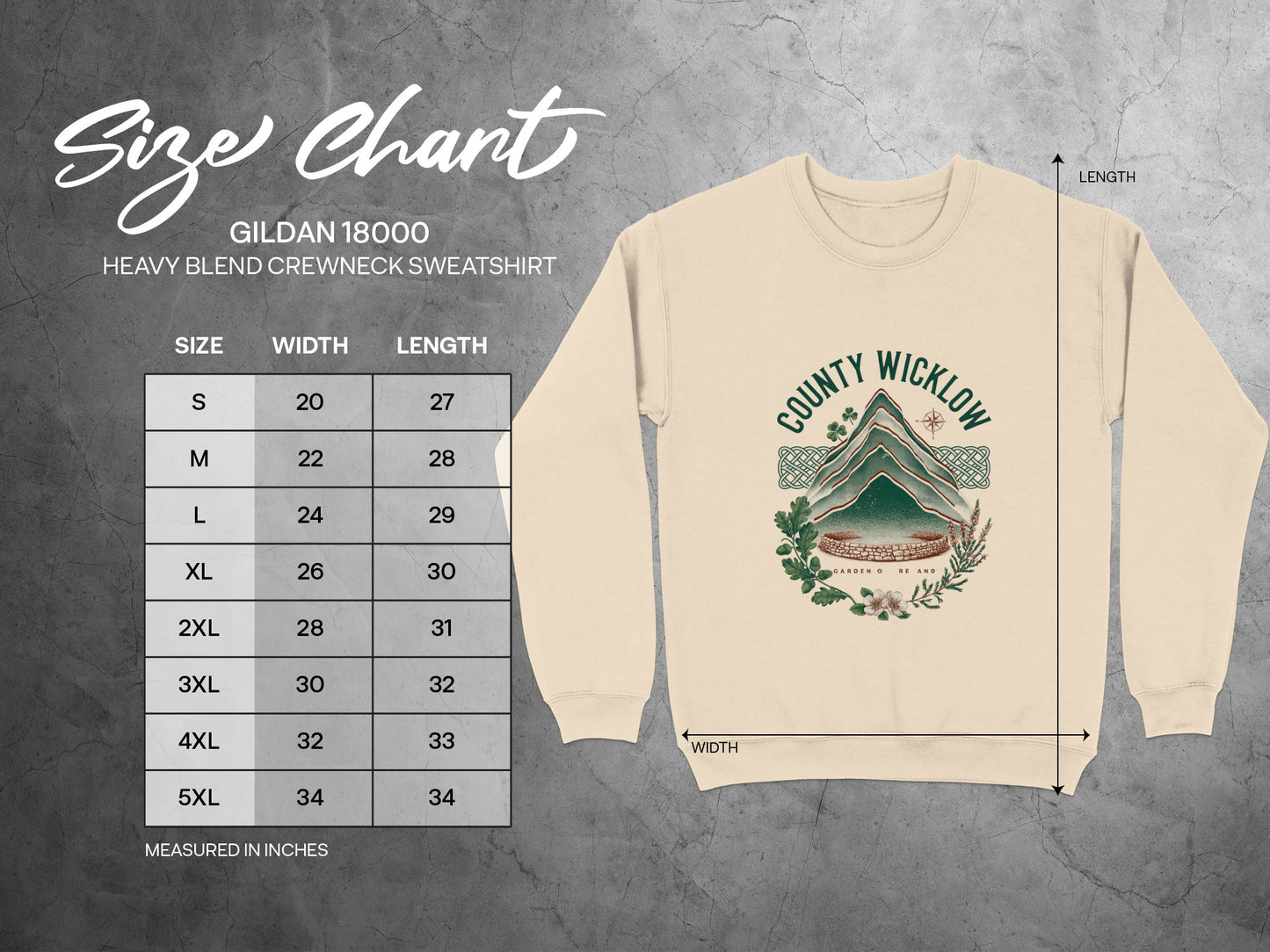 Gildan 18000 sweatshirt size chart with width and length measurements in inches.