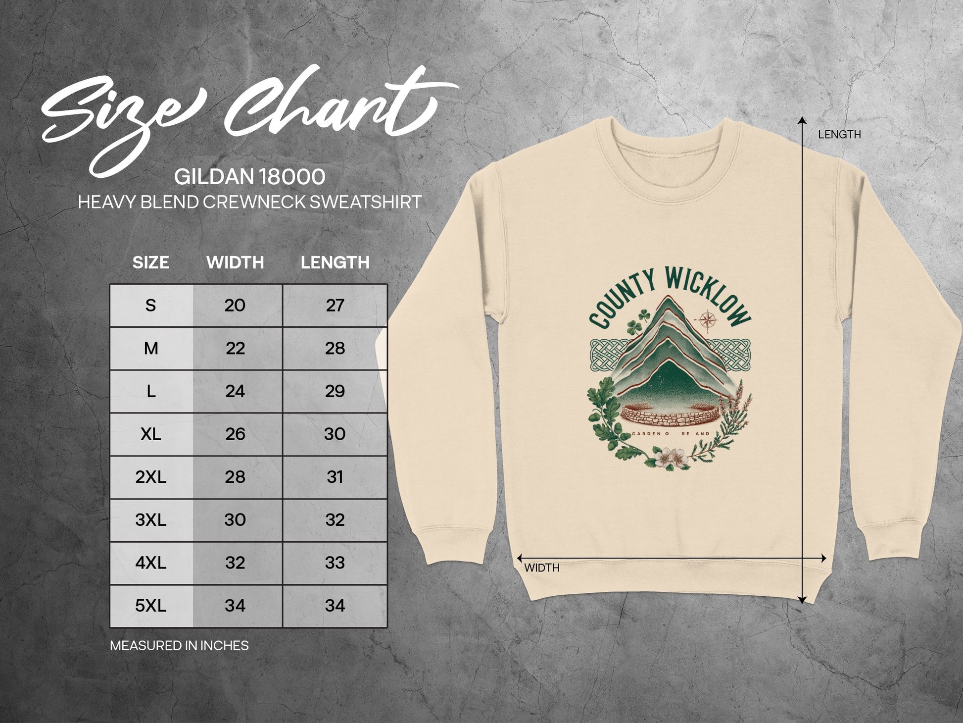 Gildan 18000 sweatshirt size chart with width and length measurements in inches.