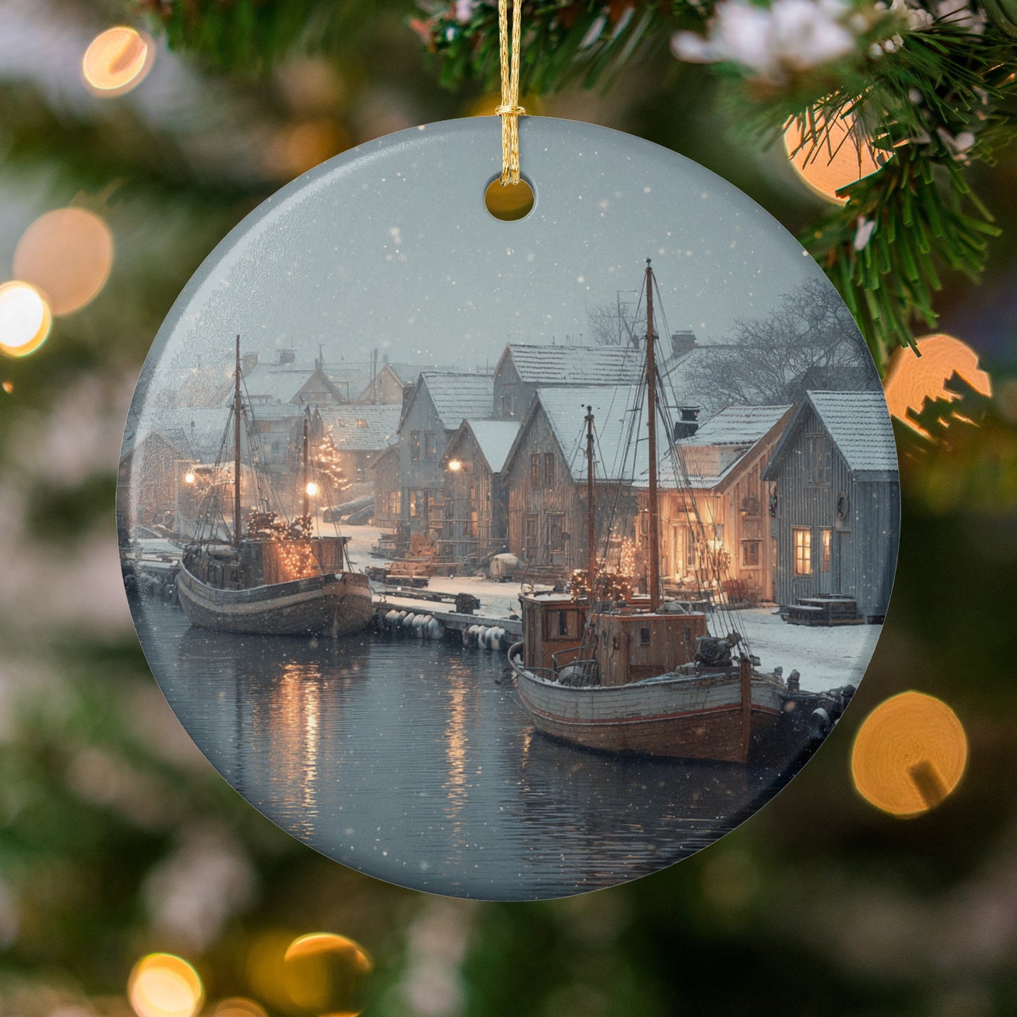Snow Covered Fishing Village Scene Christmas Ornament