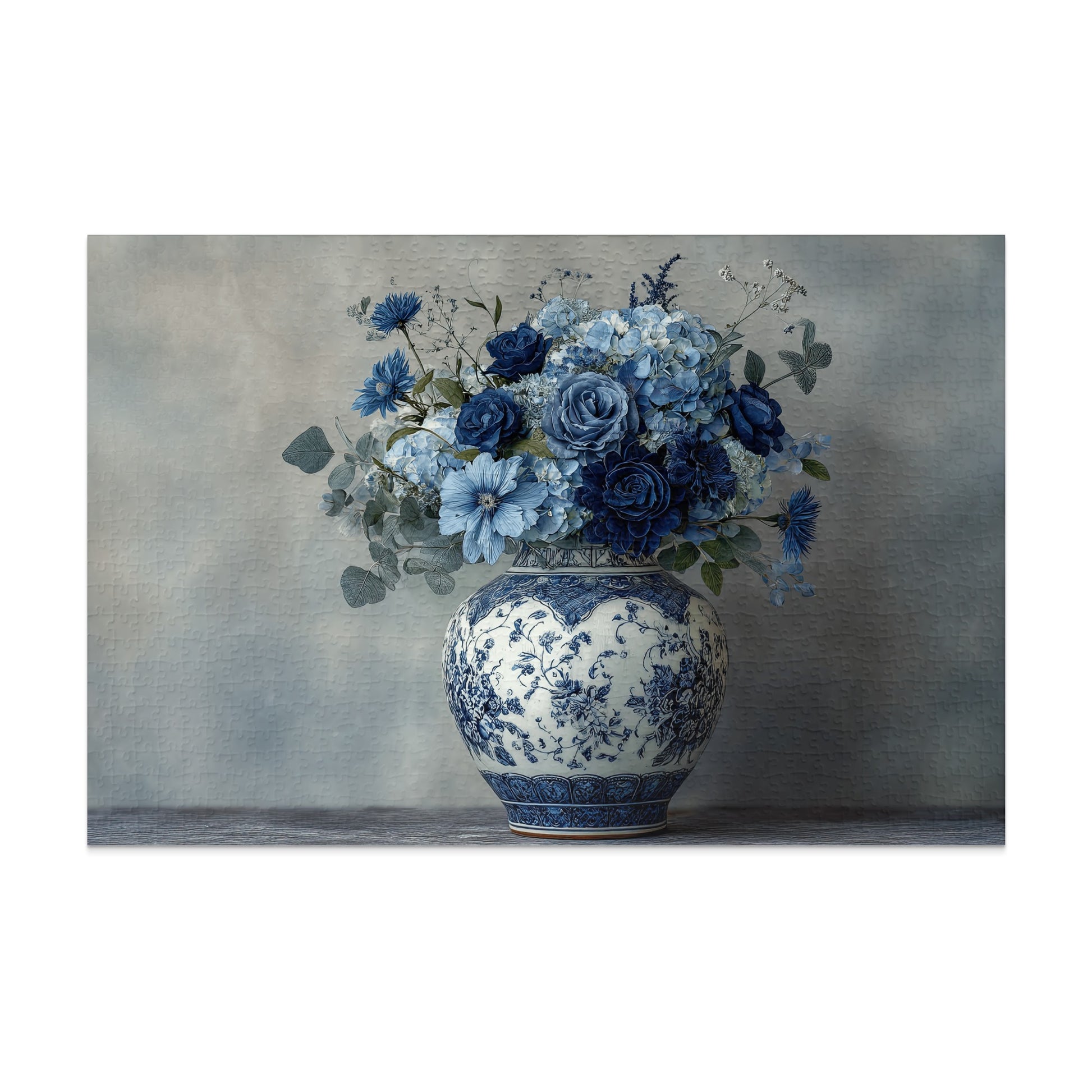 Elegant Blue Floral Arrangement in Decorative Vase Puzzle