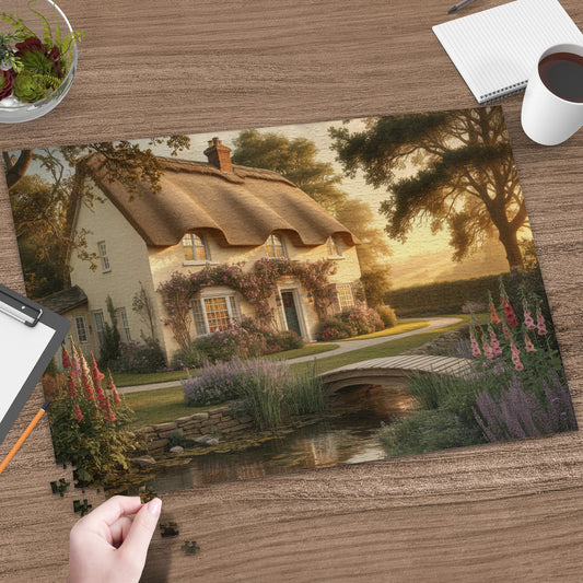Thatched cottage with blooming flowers and a small arched bridge over a stream at sunset.