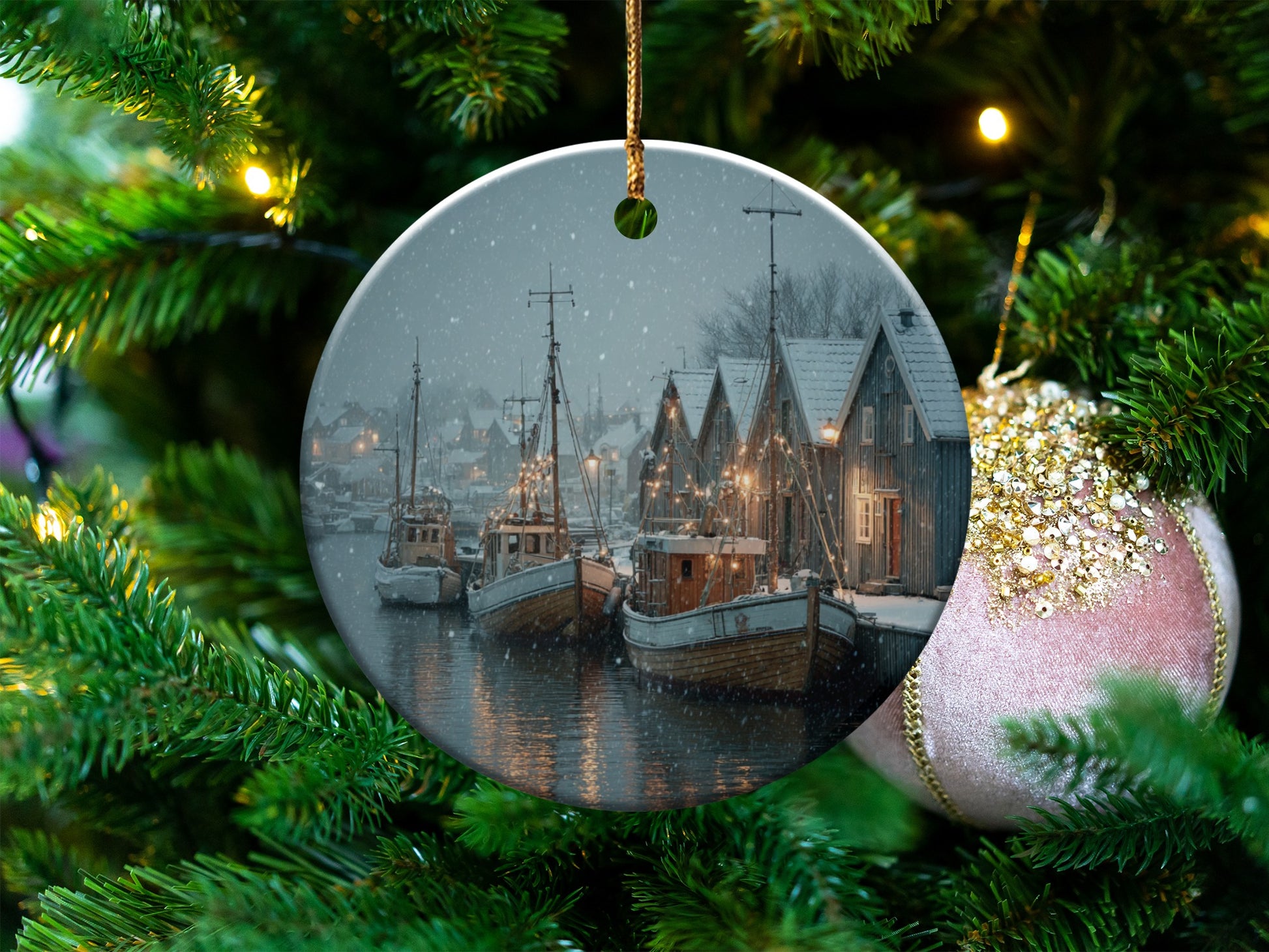 Snowy Harbor Scene Christmas Ornament product