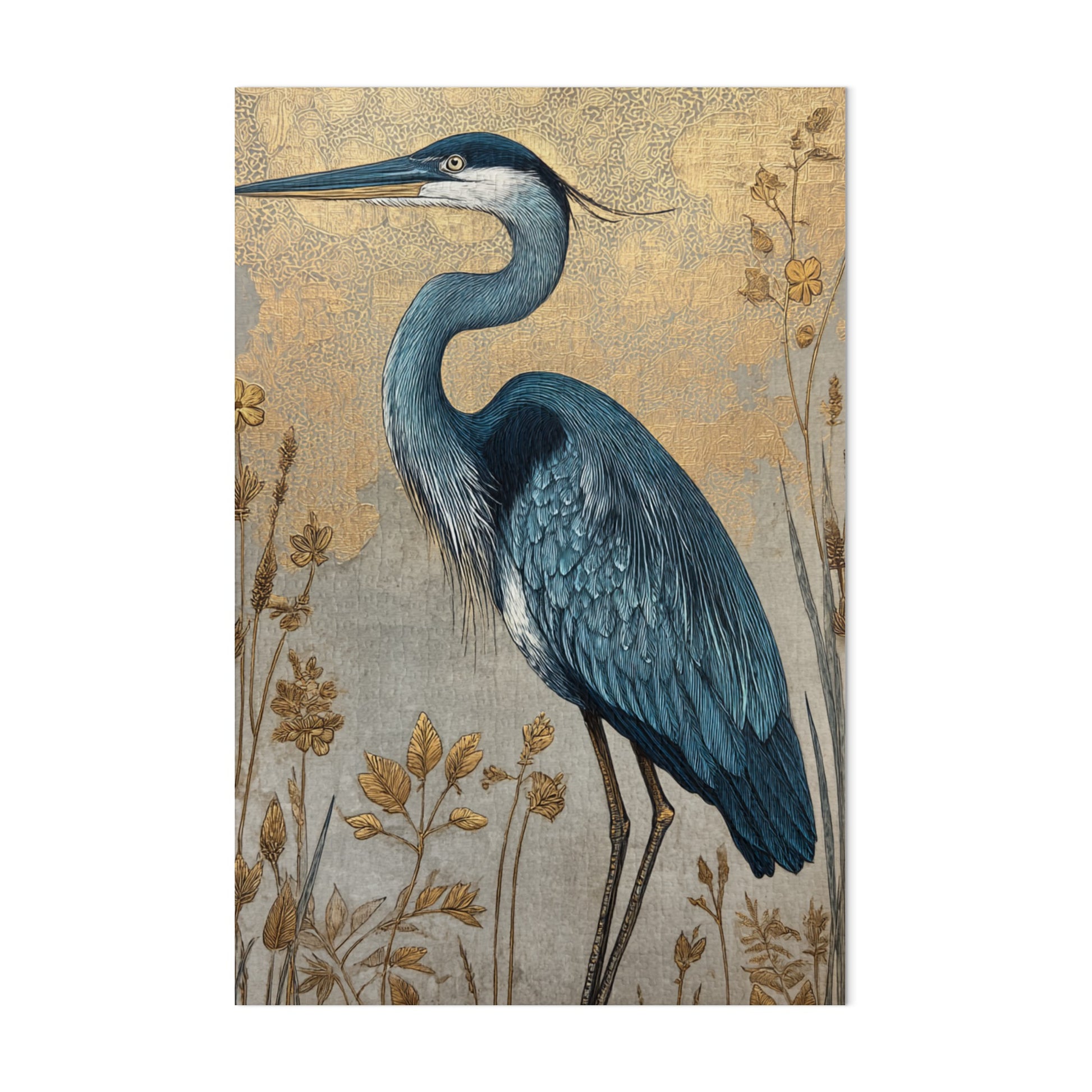 Blue Heron Art Print with Golden Floral Background