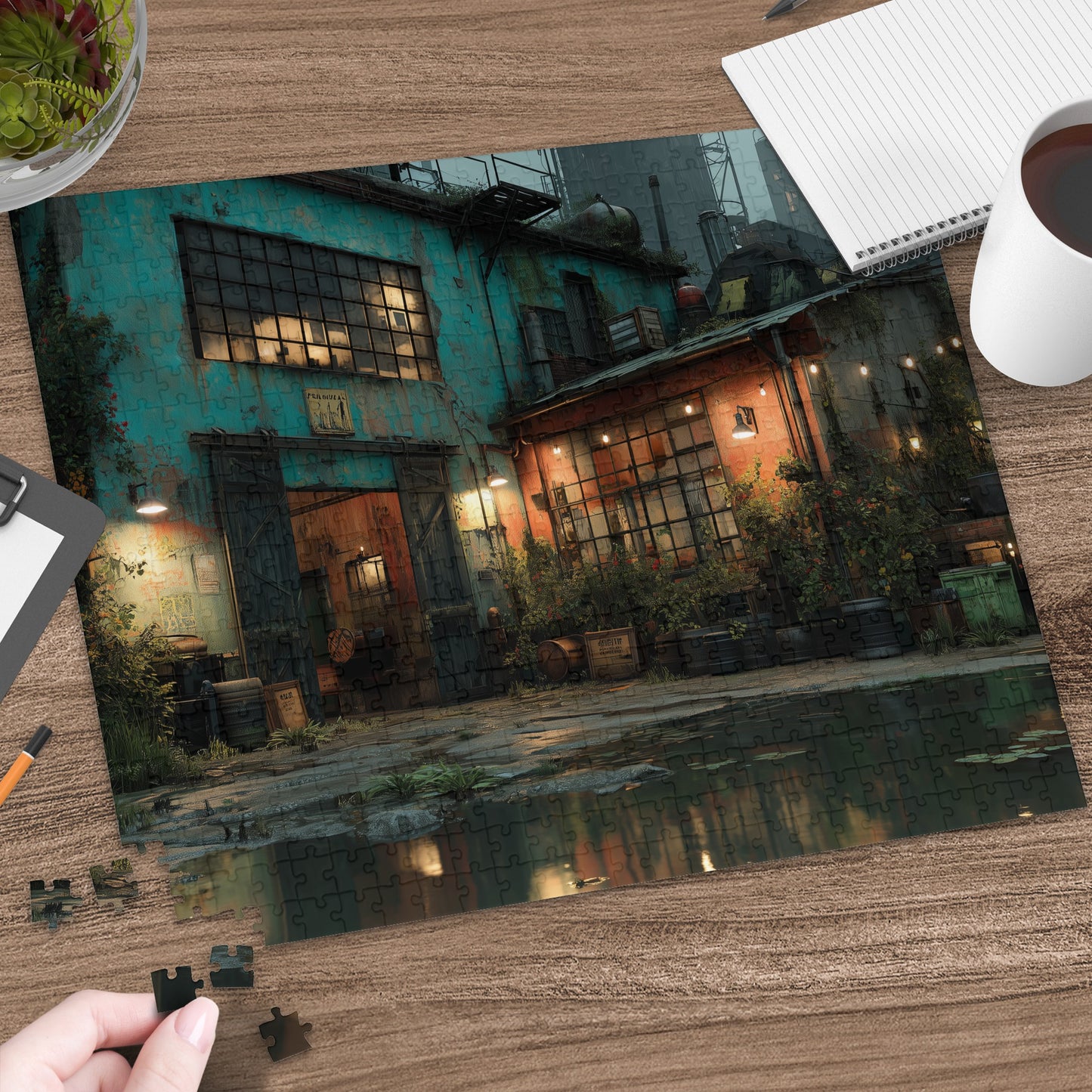 Warehouse scene puzzle with a person's hands assembling it.