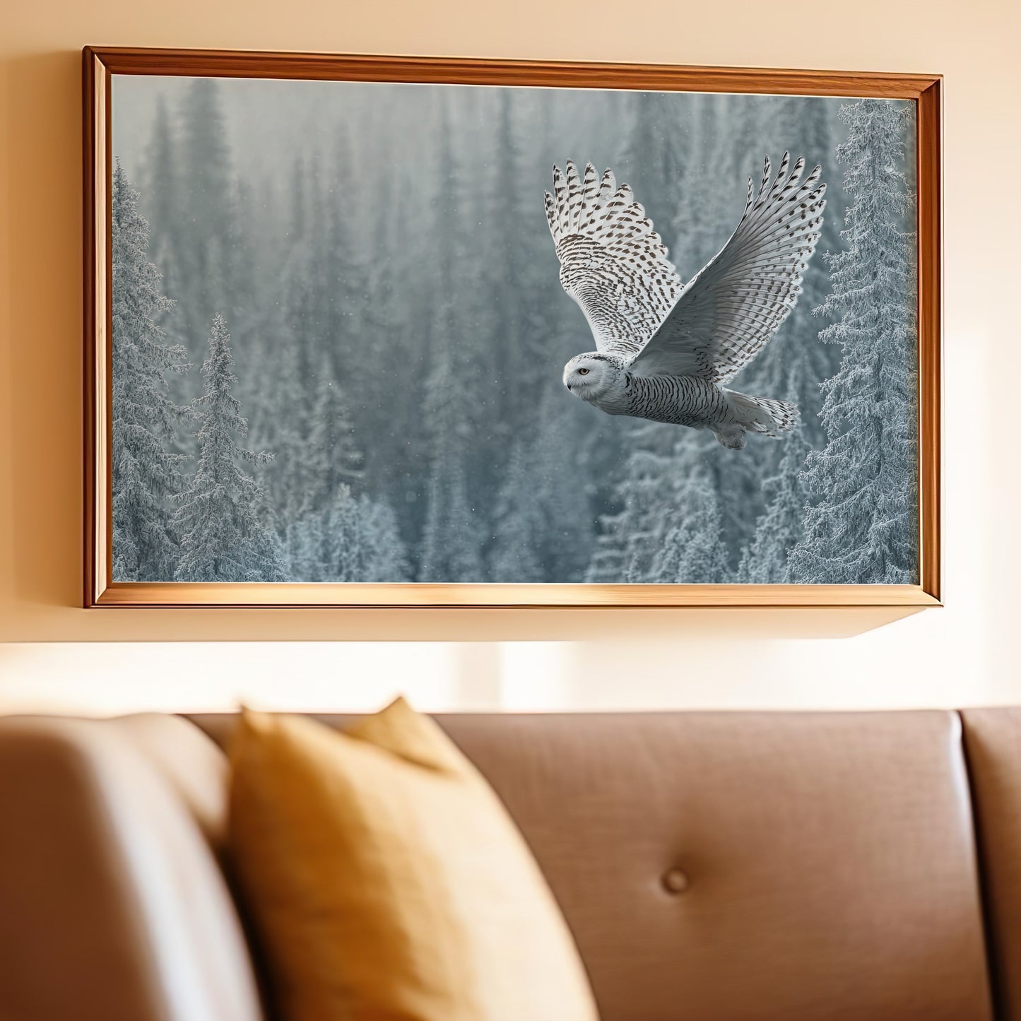 Majestic Snowy Owl Flying Over Winter Forest Wall Art