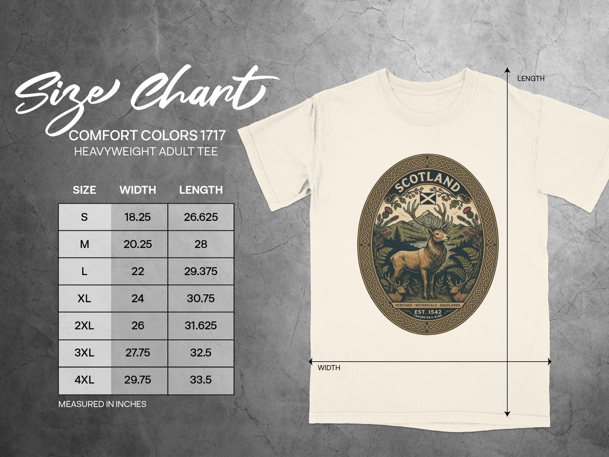 Size chart for a Comfort Colors 1717 heavyweight adult tee with a Scotland graphic.