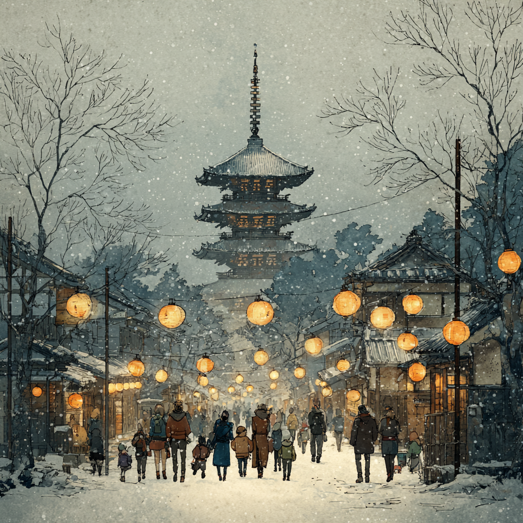 Winter Street Lanterns with Pagoda Art product