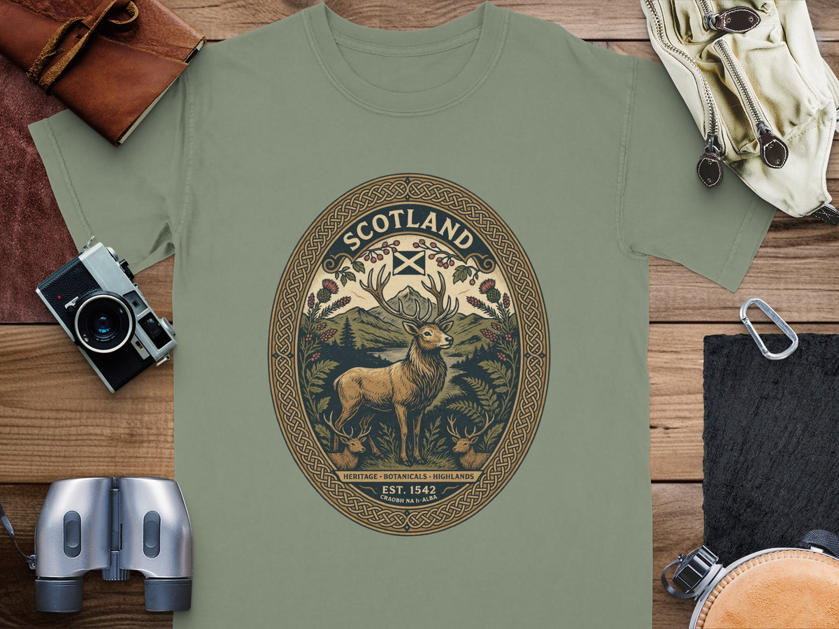 T-shirt featuring Scotland heritage design with stag, mountains, and text.