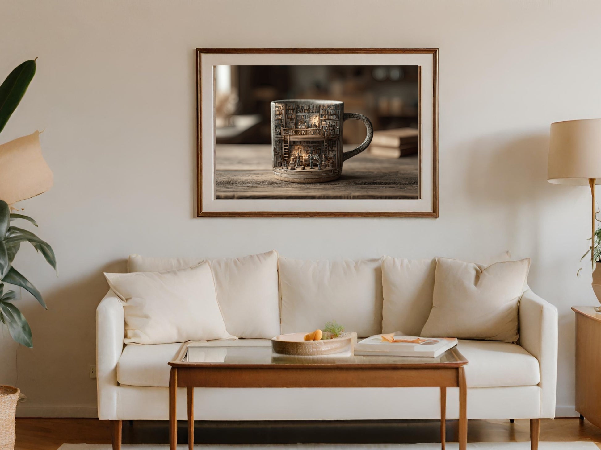 Mug with detailed illustration of a library, on a wooden table in a living room.