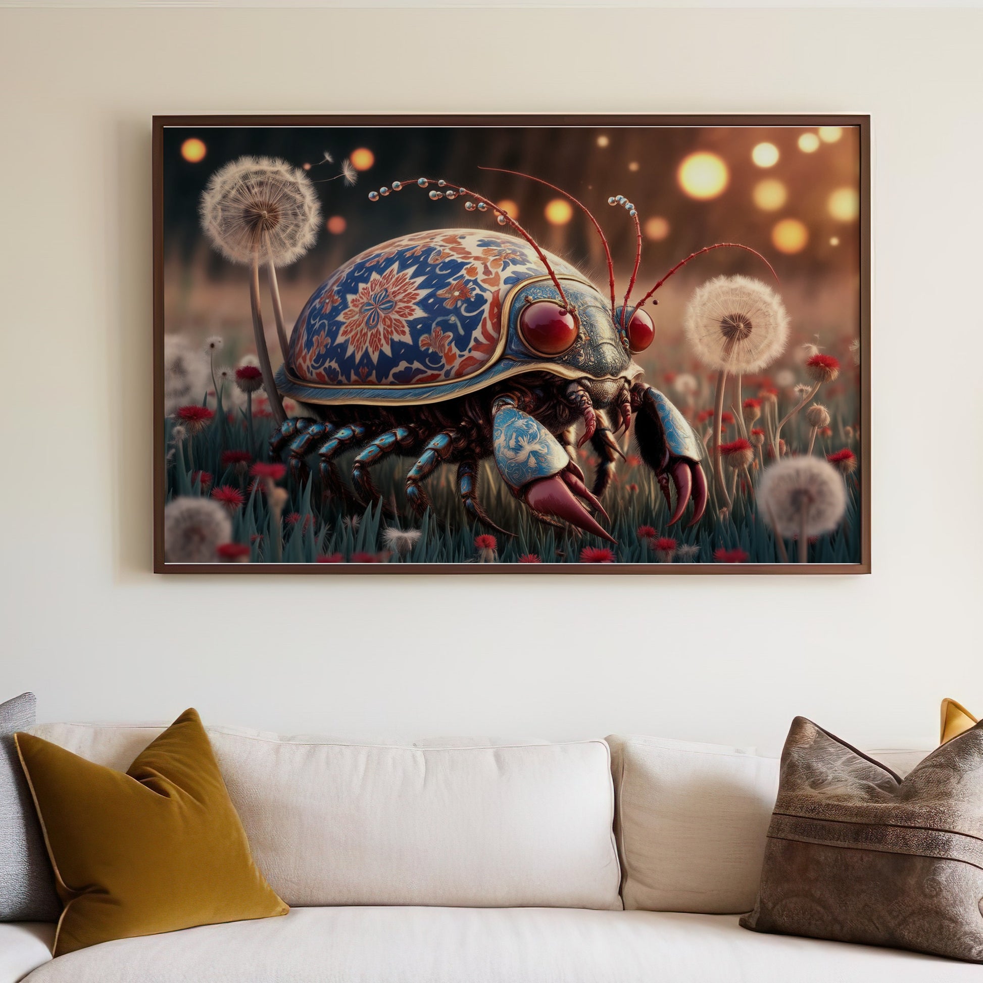 Ornate beetle with red eyes and blue, floral shell on a field of dandelions.