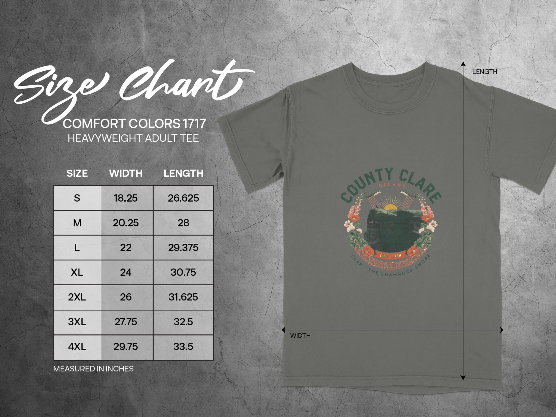 Comfort Colors 1717 heavyweight adult tee size chart with width and length measurements.