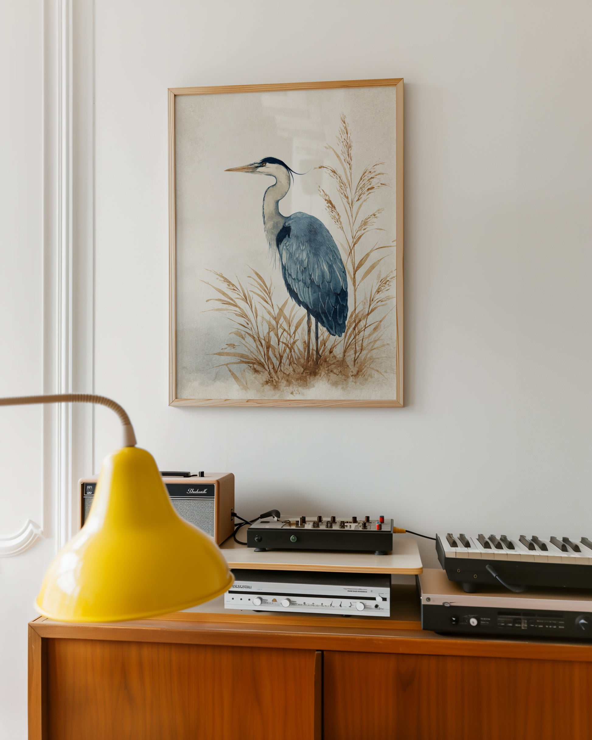 Elegant Heron Illustration in Wooden Frame Wall Art