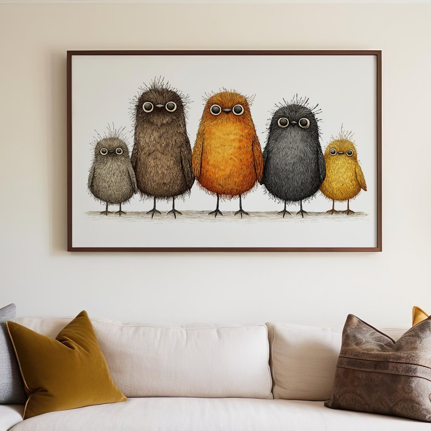 Five fluffy cartoon birds in a row on a framed artwork.