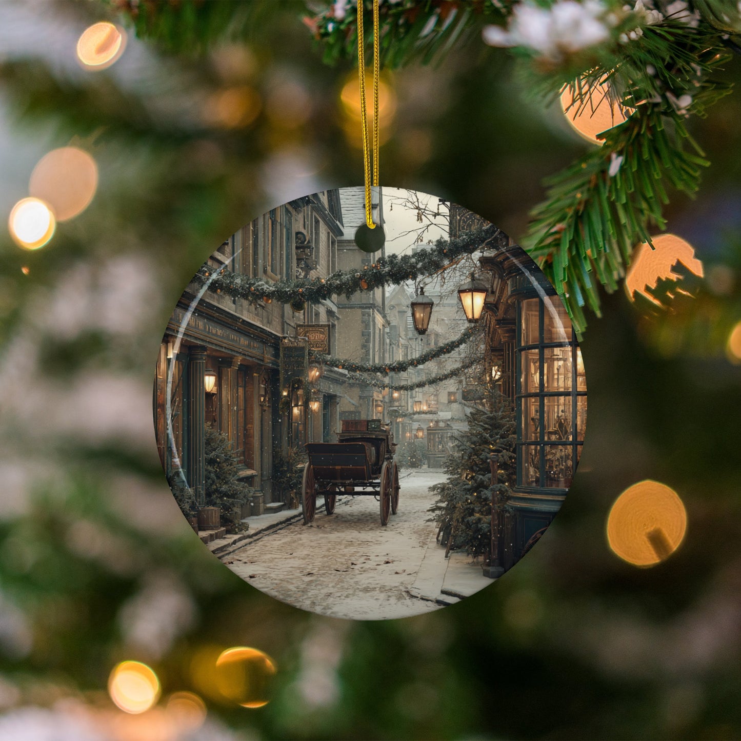 Vintage Holiday Street Scene Hanging Ornament