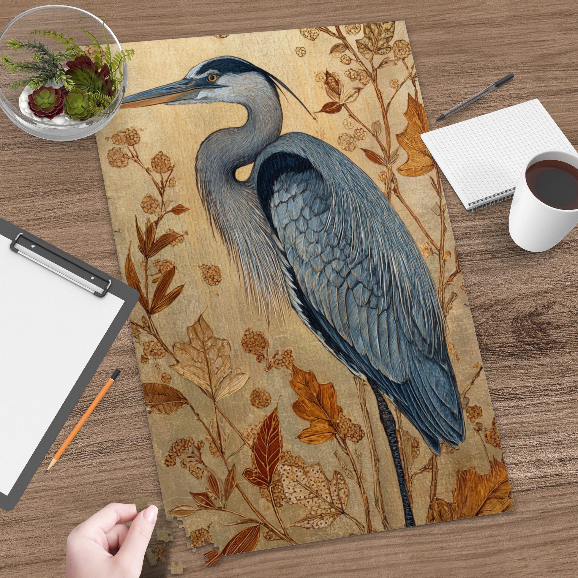 Elegant Blue Heron Art Print with Autumn Leaves