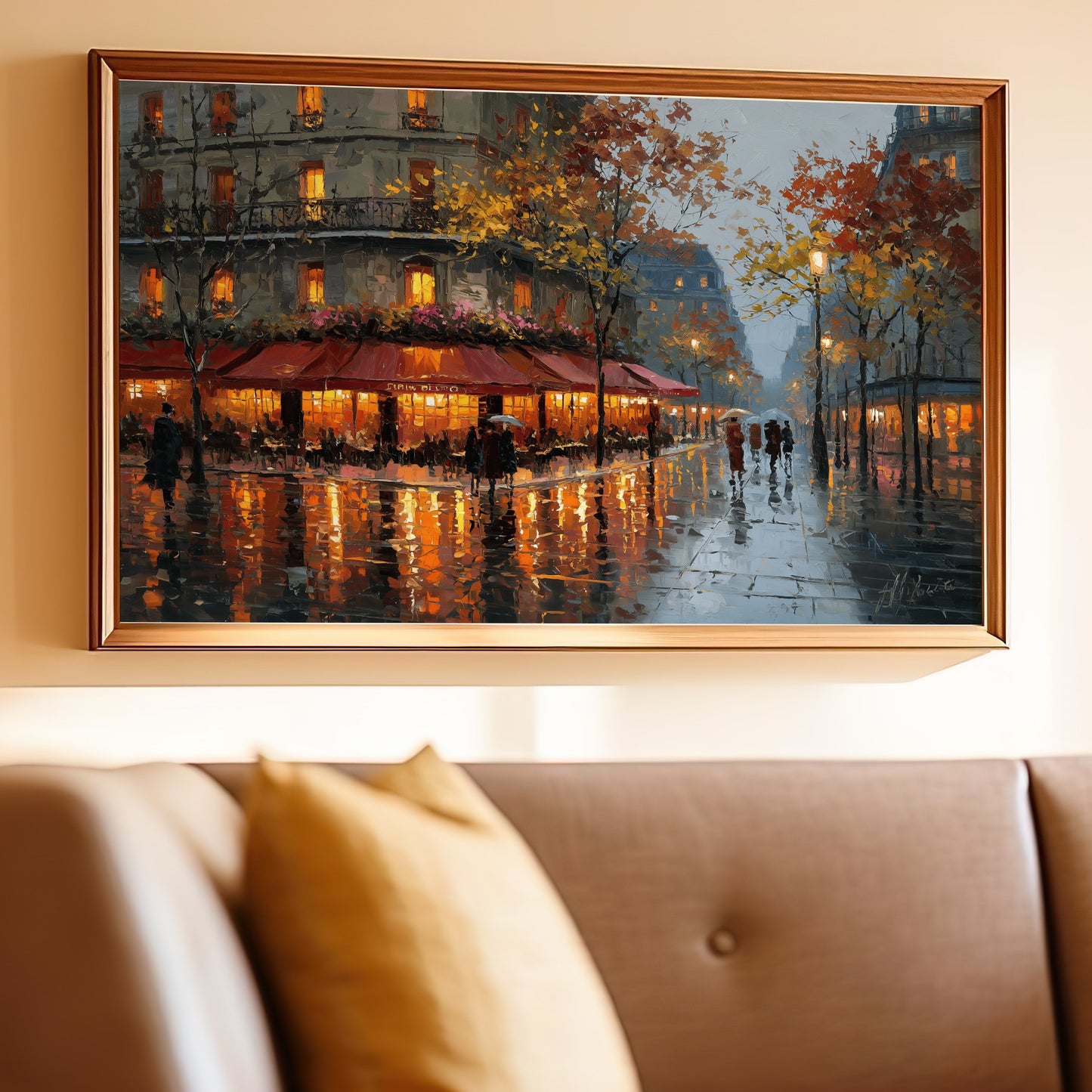 Illuminated Bistro Street Scene Rainy Night Artistic product type
Cityscape painting
Paris street
Rainy night art
Cafe scene
Bistro art
Impressionistic
Urban reflections
Evening artwork
Wall decor
Framed print
European city art
Autumn foliage
Romantic scene
Modern impressionism
Palette knife art
Gallery wall
Home decoration
Vibrant colors
Artistic print
Streetscape artwork