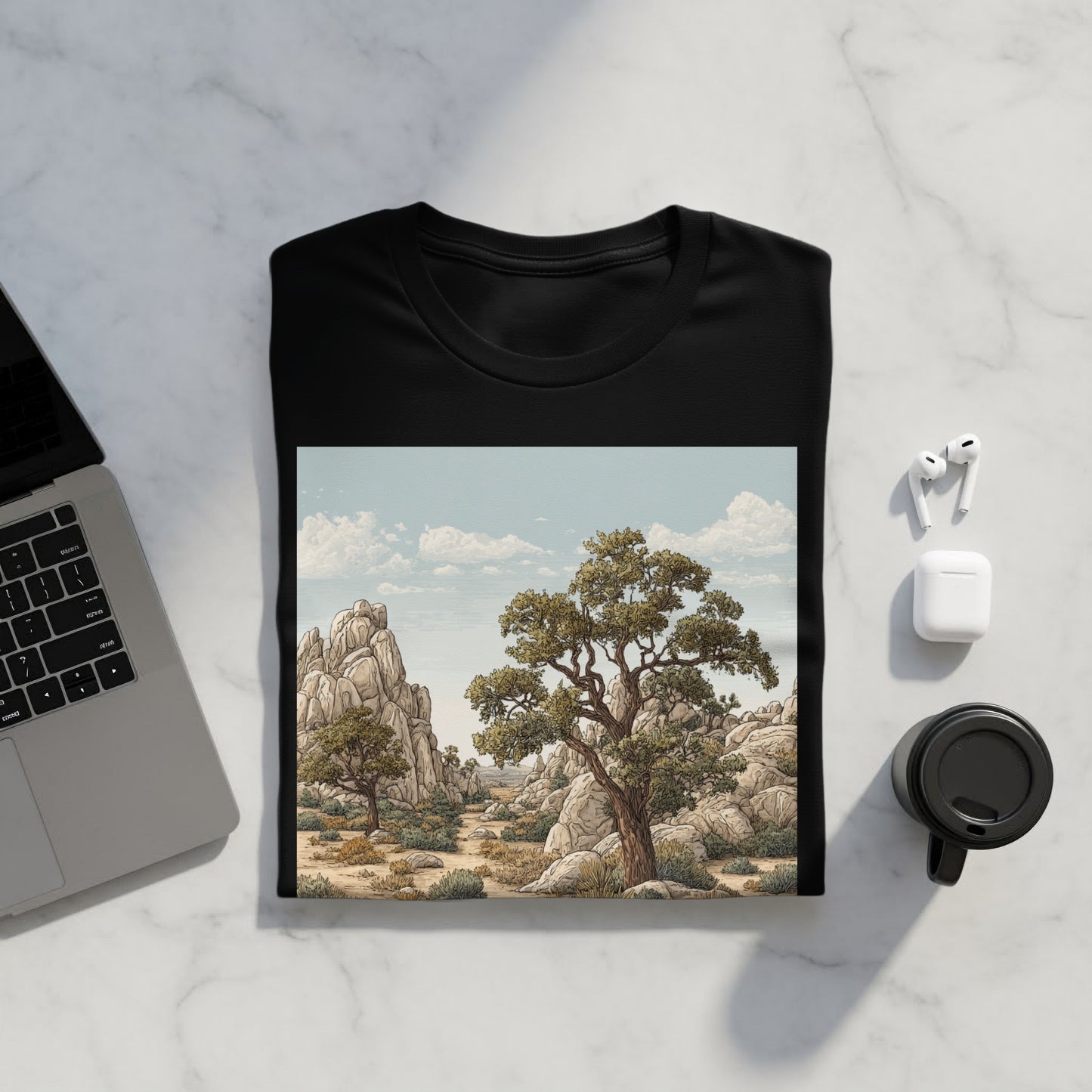 Scenic Desert Landscape T-shirt with Majestic Tree Design