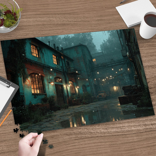 Factory building courtyard at dusk, illuminated by warm interior lights and string lights.