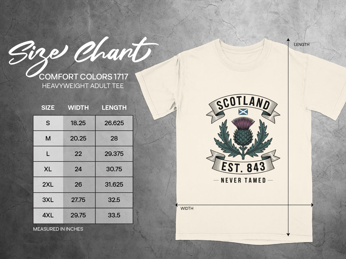 Size chart for Comfort Colors 1717 heavyweight adult tee with Scotland thistle design.