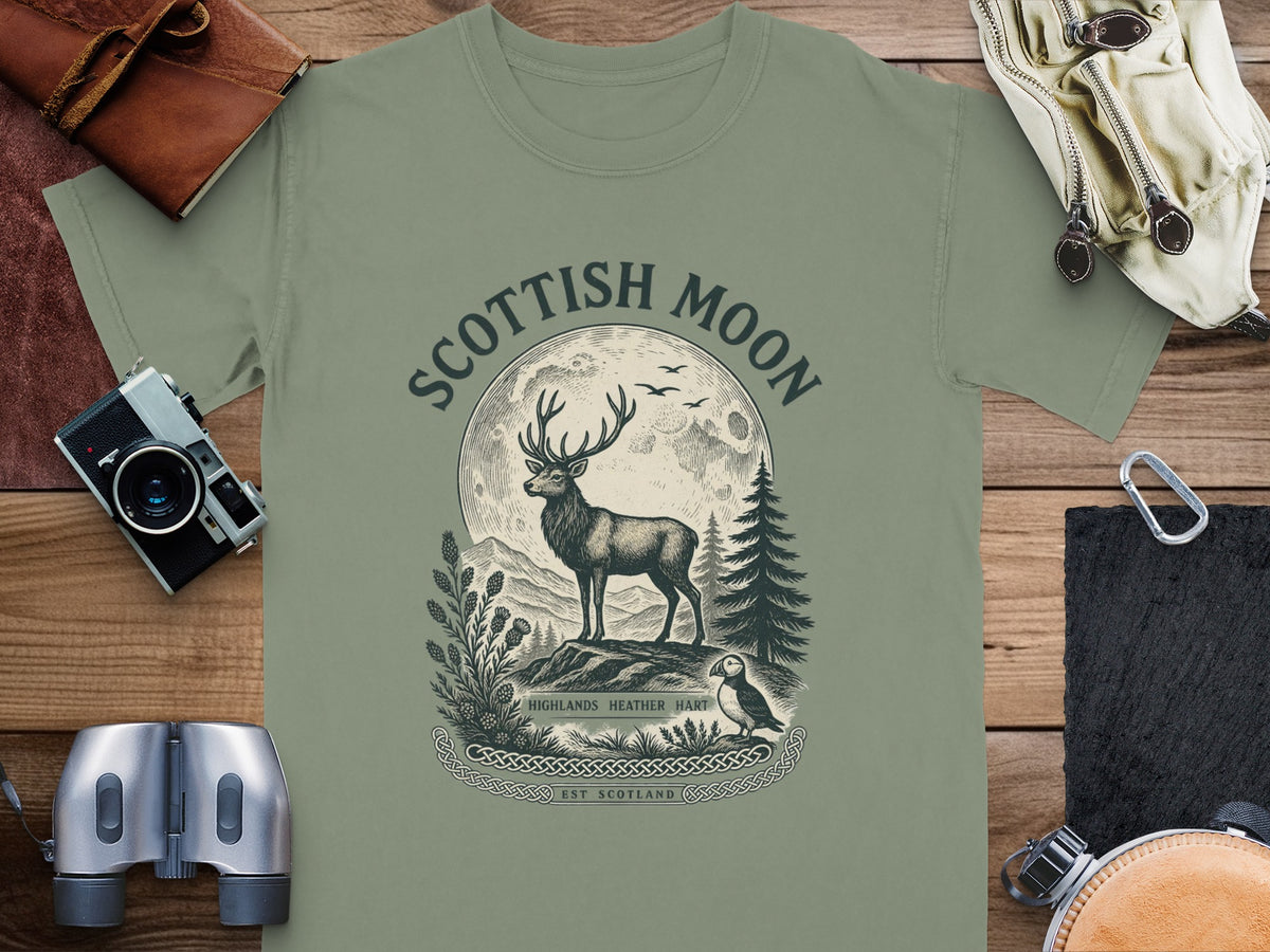 T-shirt with Scottish Moon graphic: deer, puffin, moon, and text.
