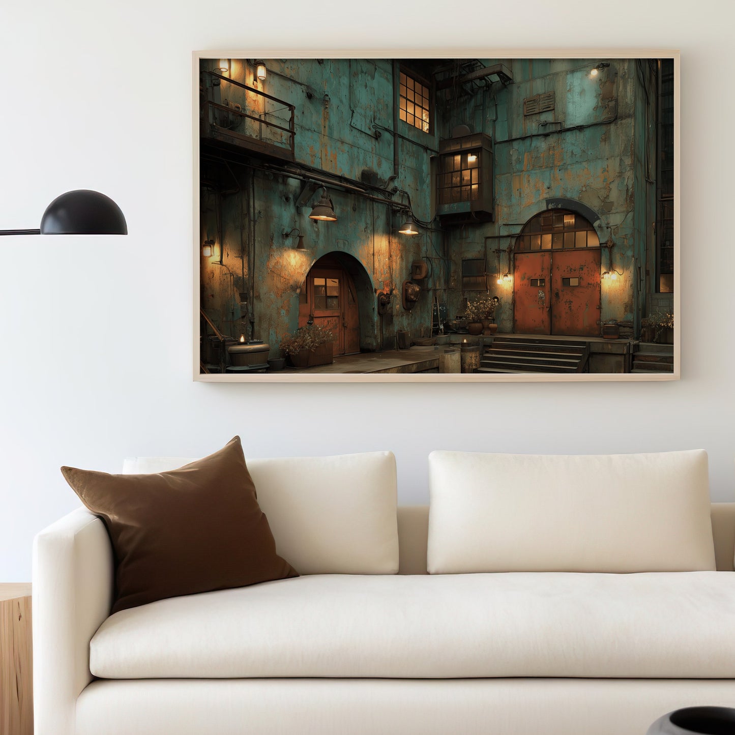 Rustic industrial wall art above a cream sofa with a brown pillow.