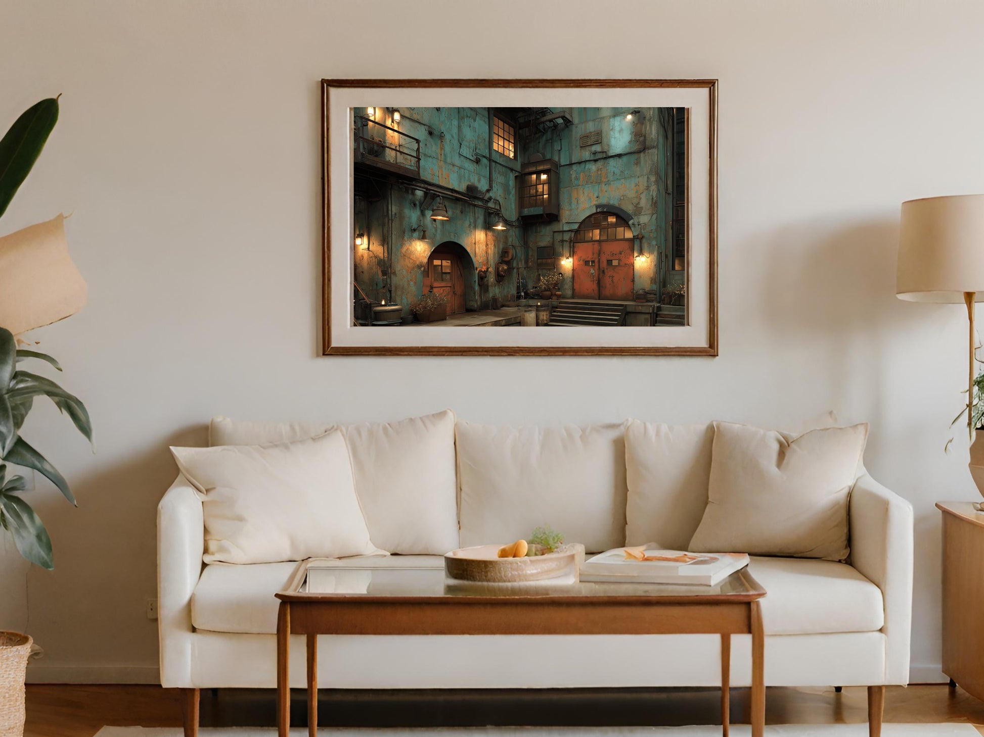 Framed artwork depicts a rustic industrial interior with warm lighting.