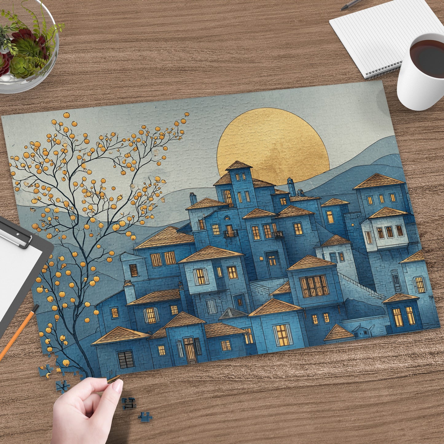 Blue Sunset Village Large Puzzle with Artistic Design
