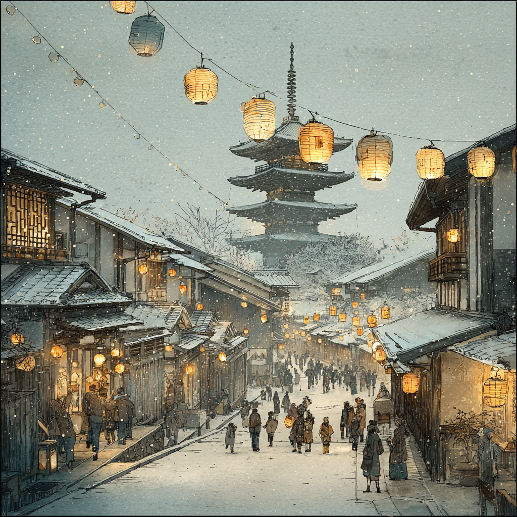 Serene Night Market Amid Snow Lanterns Artwork Decor