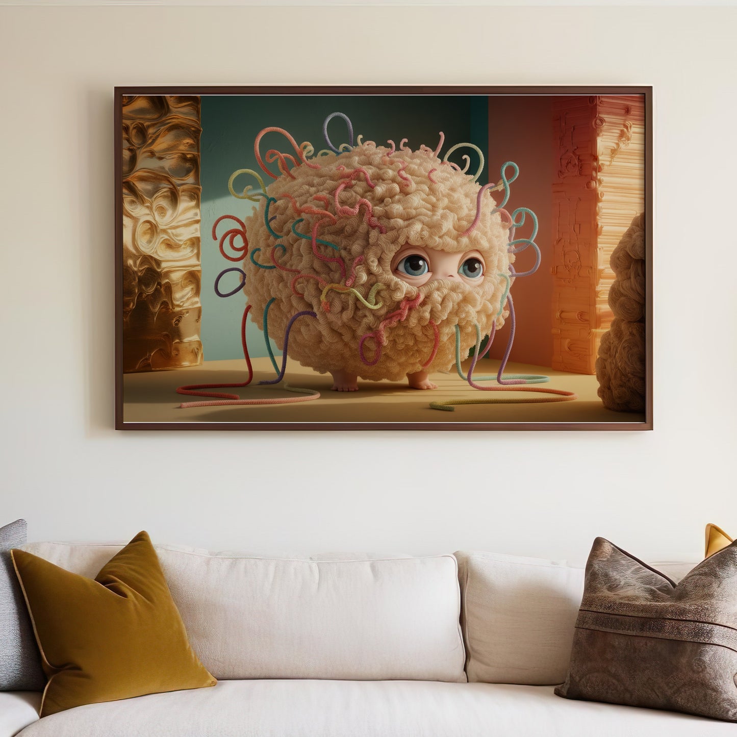 Fuzzy creature with colorful yarn strands emerging from its body.