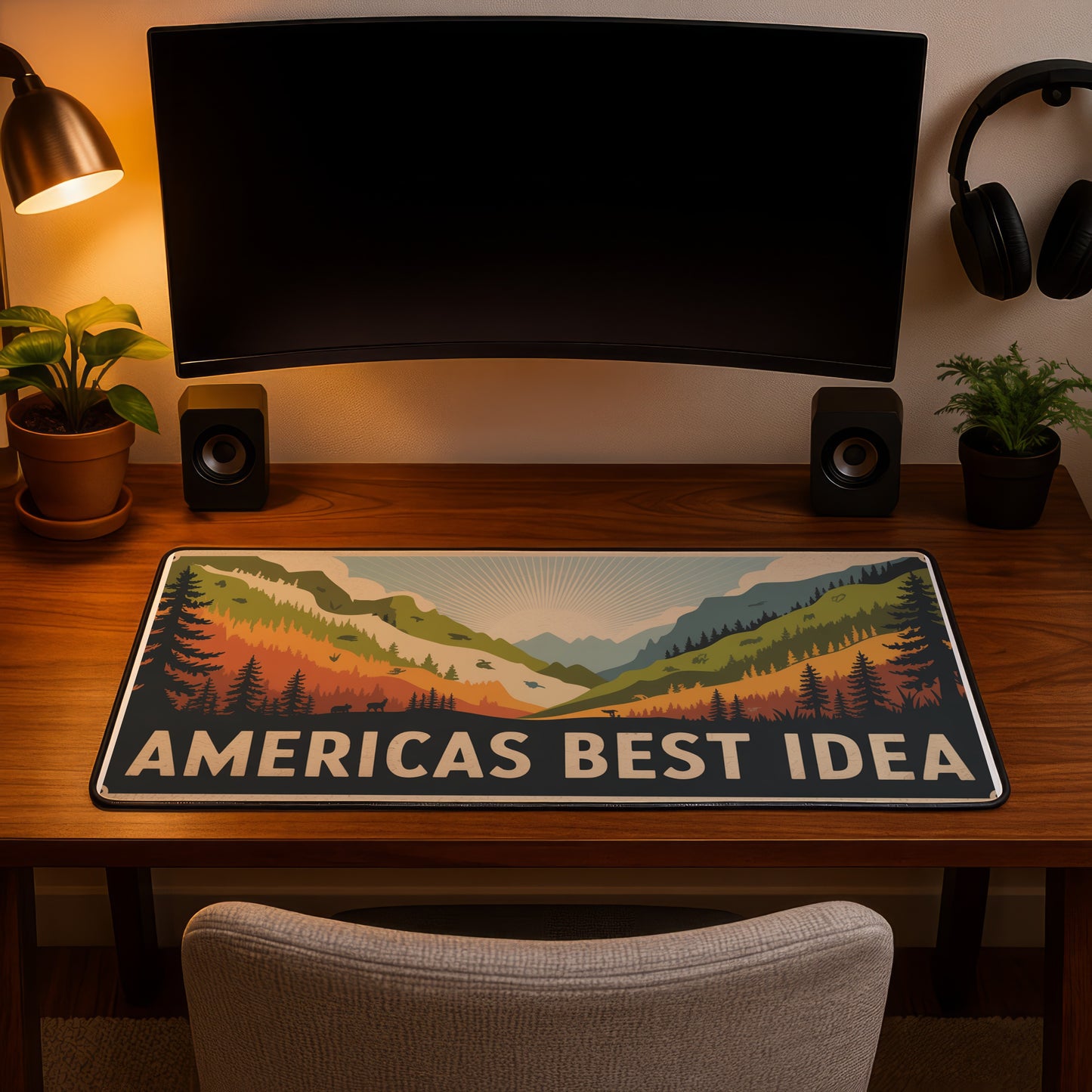 Desk mat with a scenic mountain landscape and "AMERICAS BEST IDEA" text.