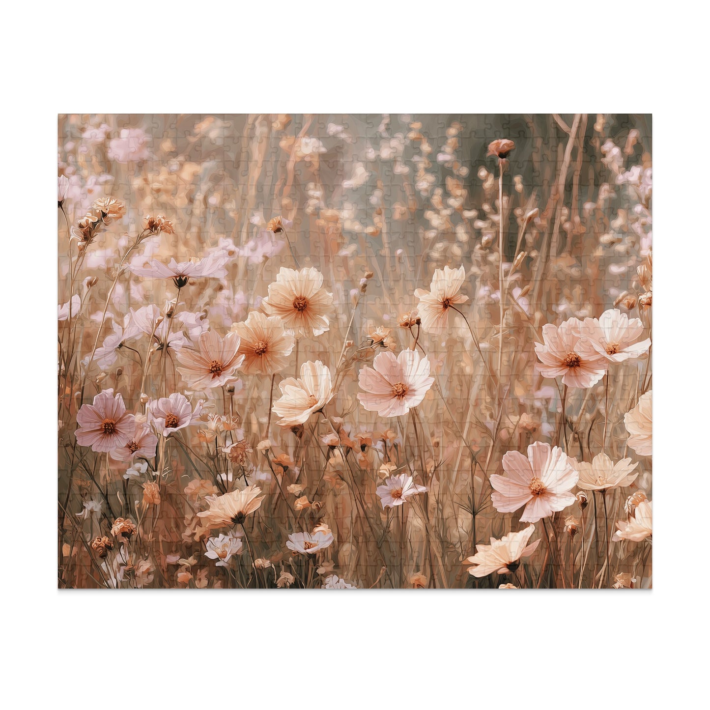Field of light pink and cream cosmos flowers with blurred background.