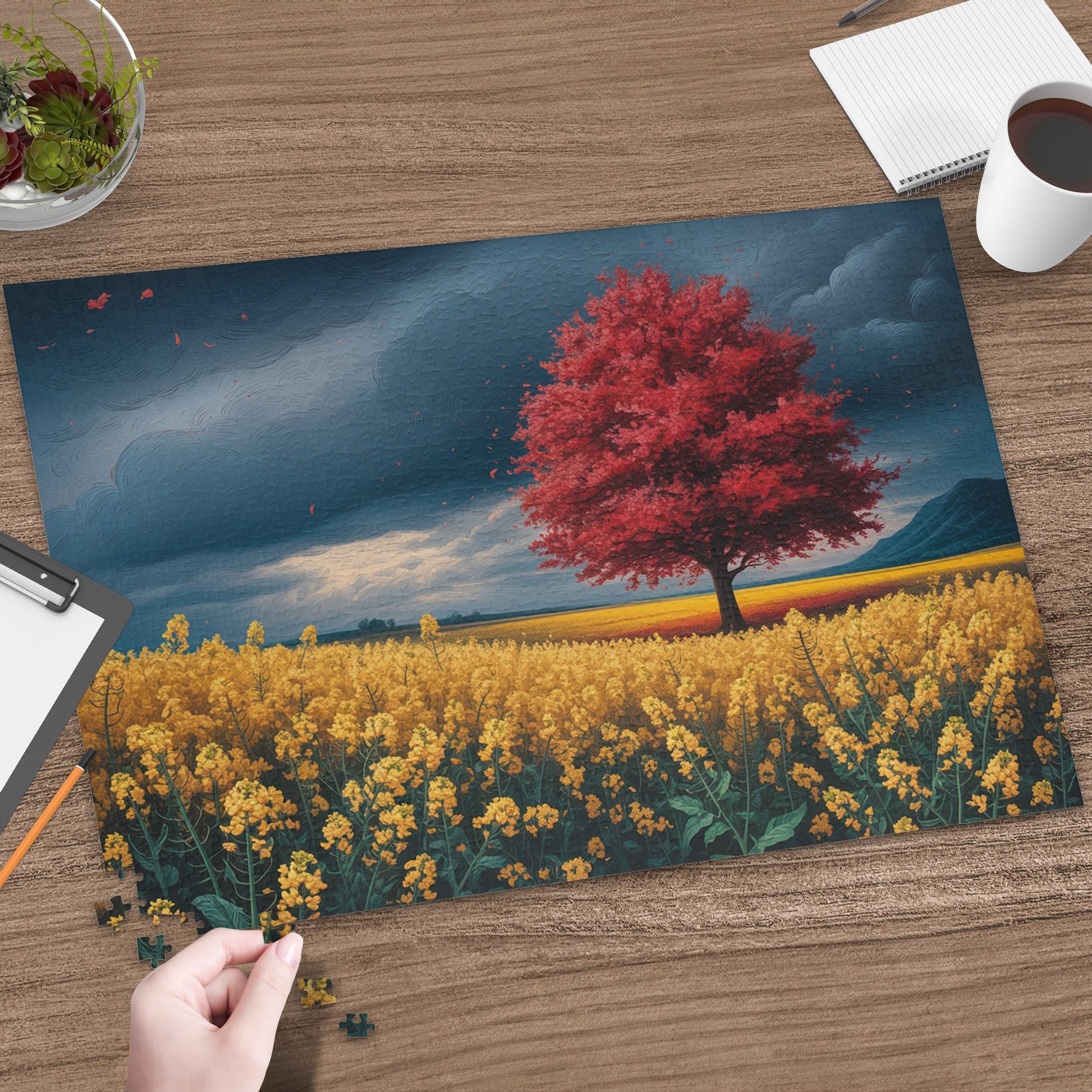Painting of a red tree in a field of yellow flowers under a cloudy sky.