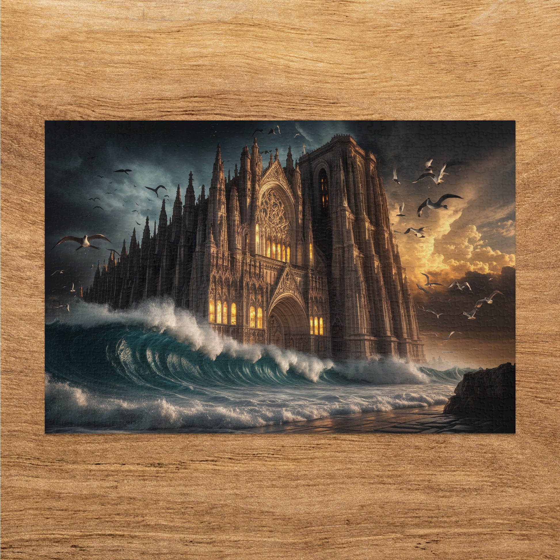 Gothic cathedral with waves crashing, seagulls flying, and dramatic sky.