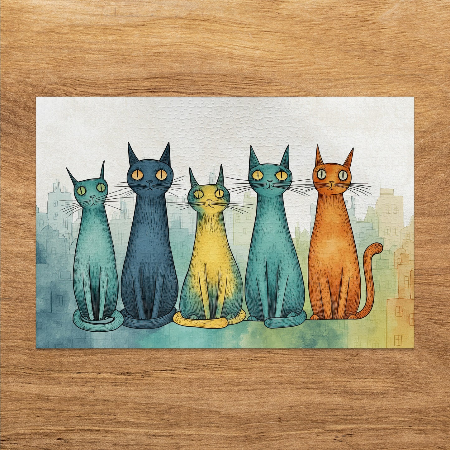 Five colorful cartoon cats sitting in a row with a cityscape background.
