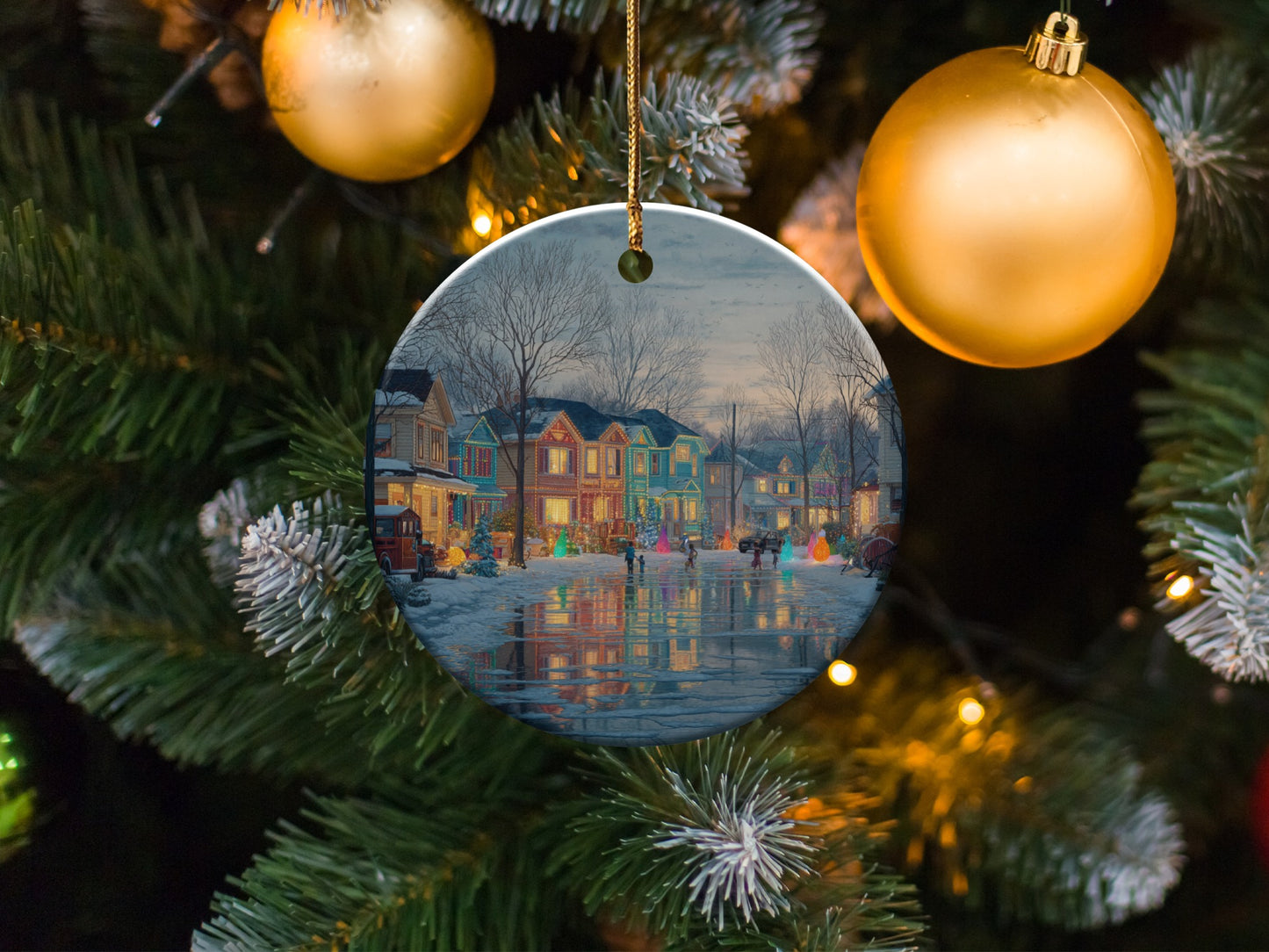 Festive Winter Village Scene Christmas Tree Ornament