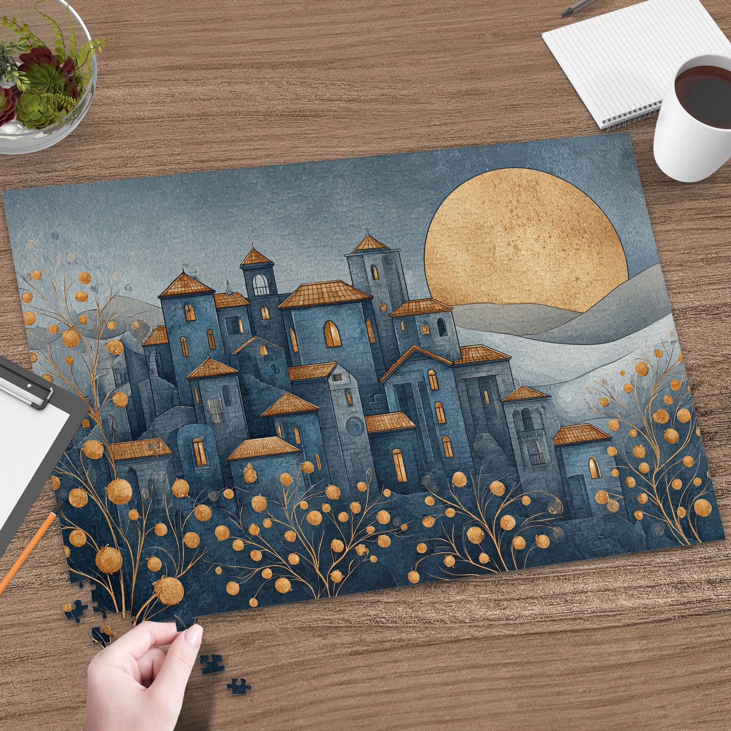 Golden Sun Over Blue Village Art Puzzle