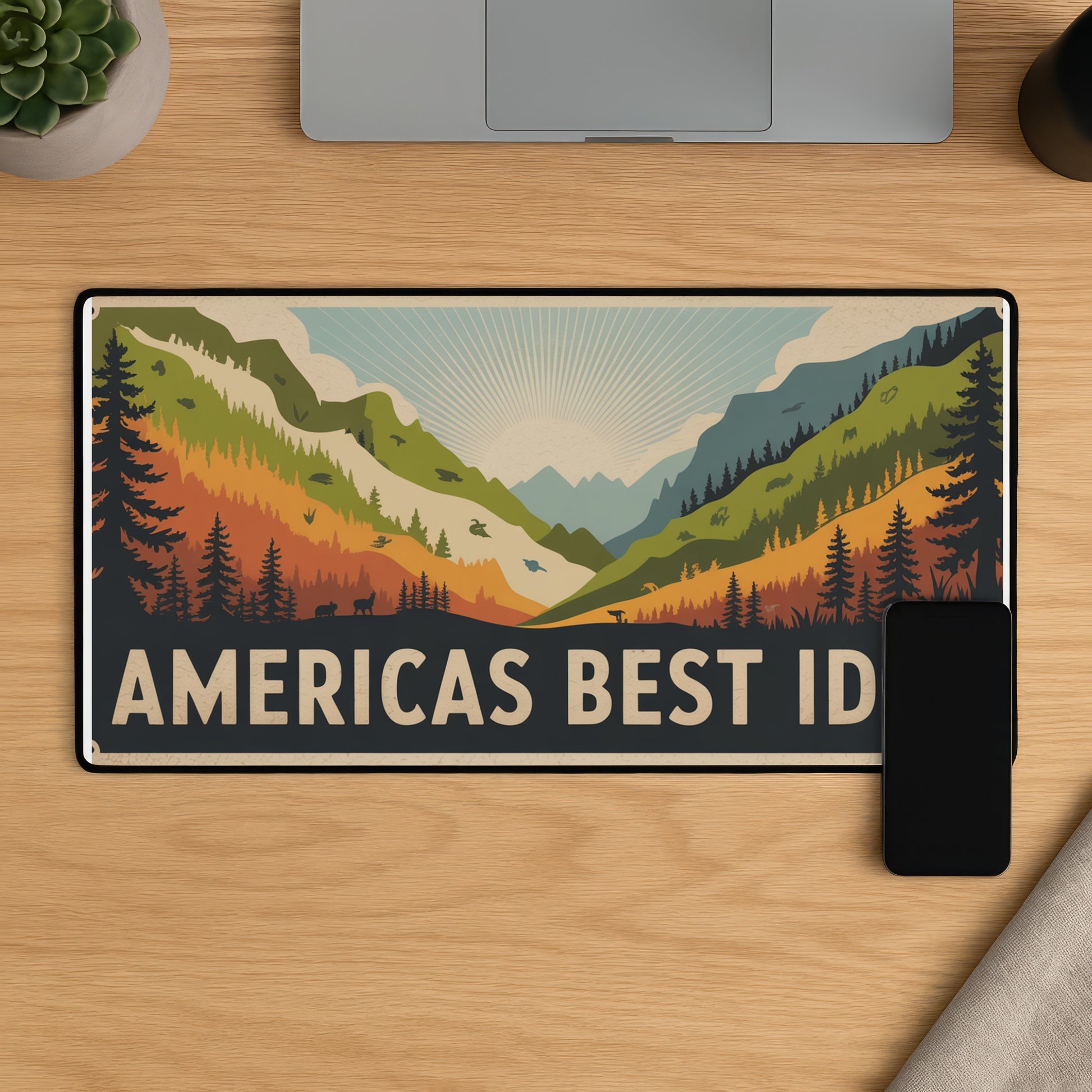 Mousepad with forest landscape and text "AMERICAS BEST ID".