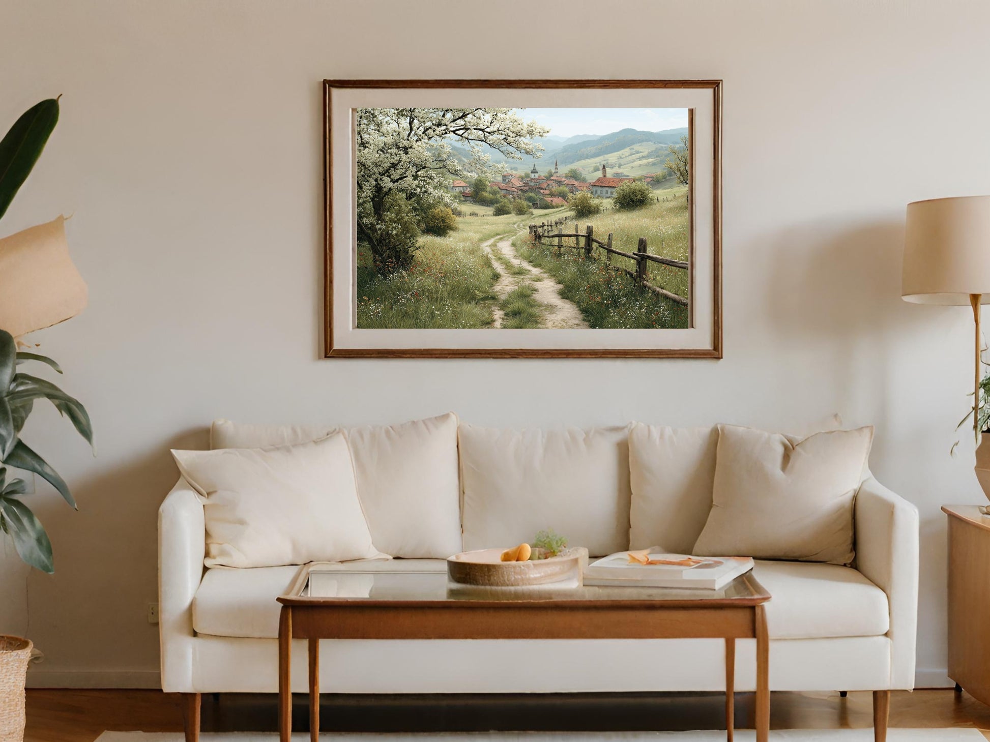 Serene Countryside Pathway with Blossoming Trees Artwork