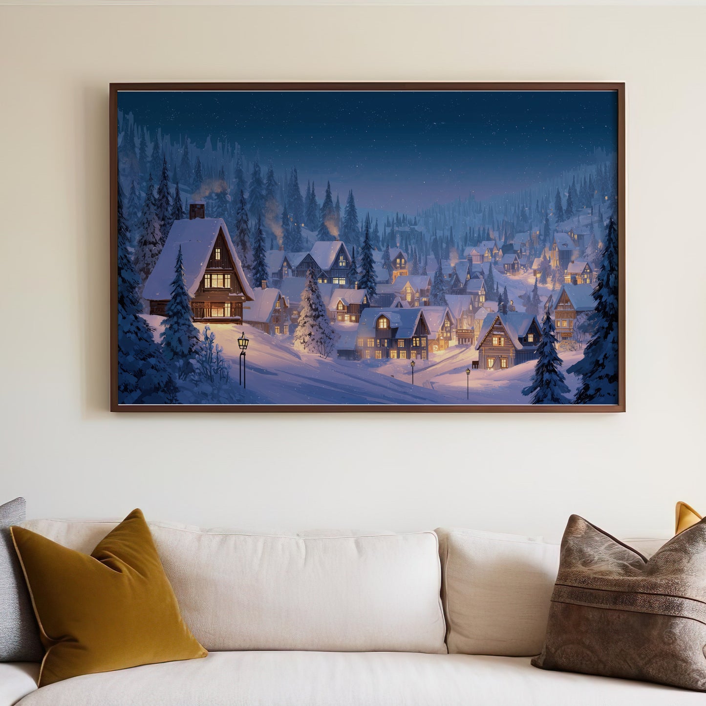 Illuminated Alpine Village Snowscape Starry Sky product type
Winter village
Snowy landscape
Night scene
Cozy homes
Christmas art
Festive decor
Mountain village
Starry sky
Pine trees
Winter wonderland
Snow covered
Rustic scene
House lights
Holiday decor
Cold weather
Alpine decor
Peaceful scene
Evening glow
Forest village
Magical night