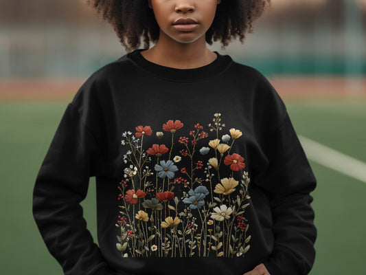 Black Sweatshirt with Colorful Floral Embroidery Design