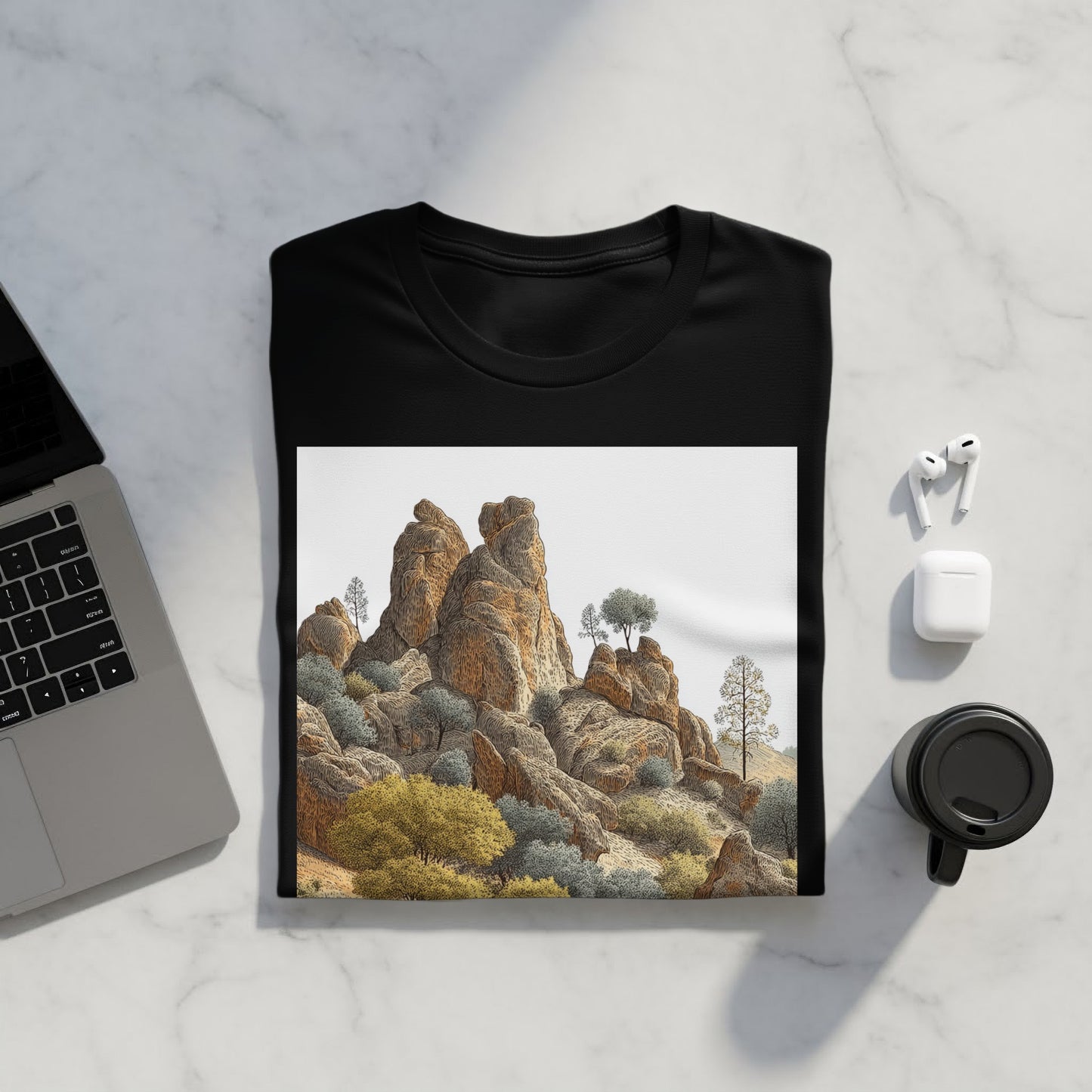Scenic Mountain Artwork Black T-shirt for Outdoor Enthusiasts