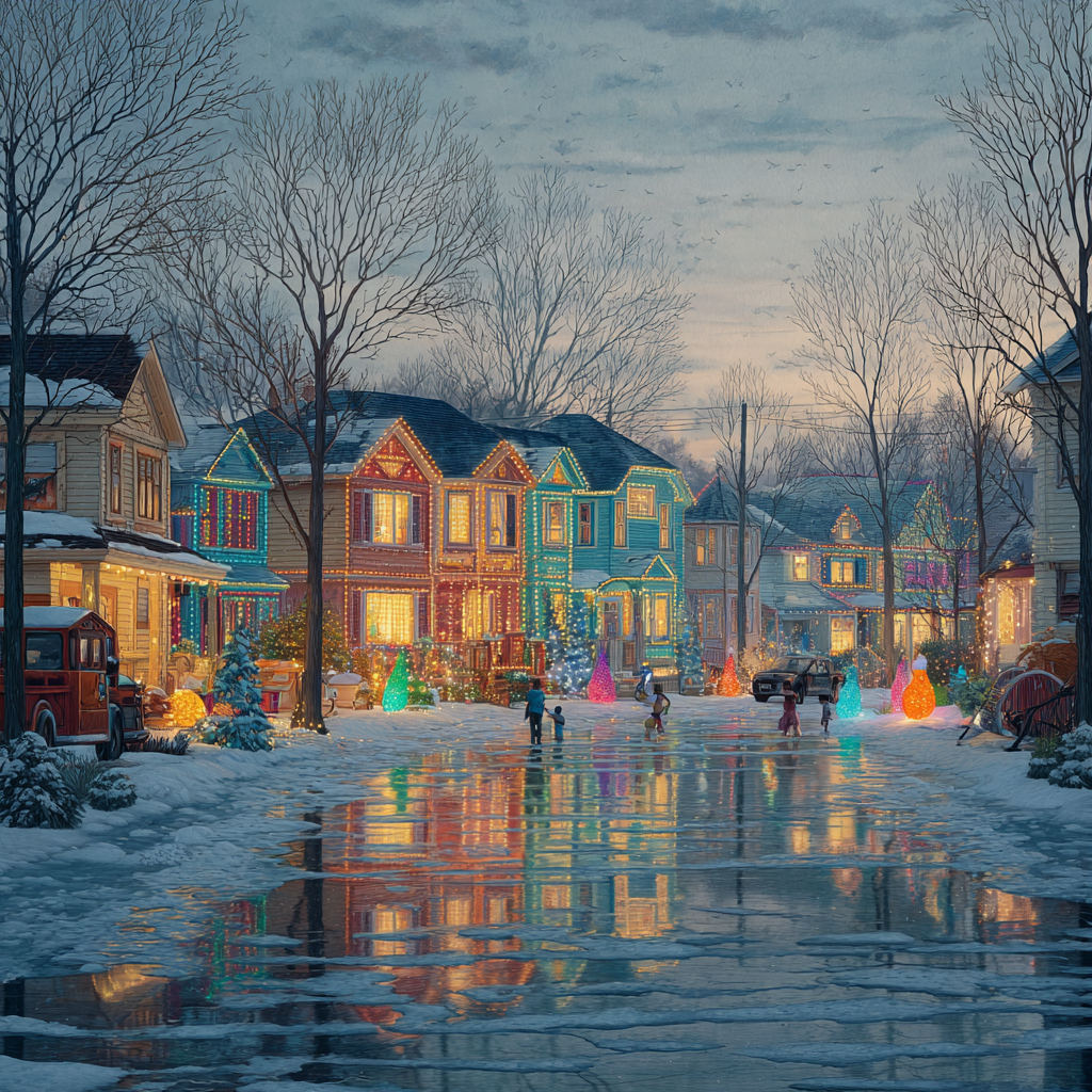 Illuminated Neighborhood Streets Winter Scene Wall Art
