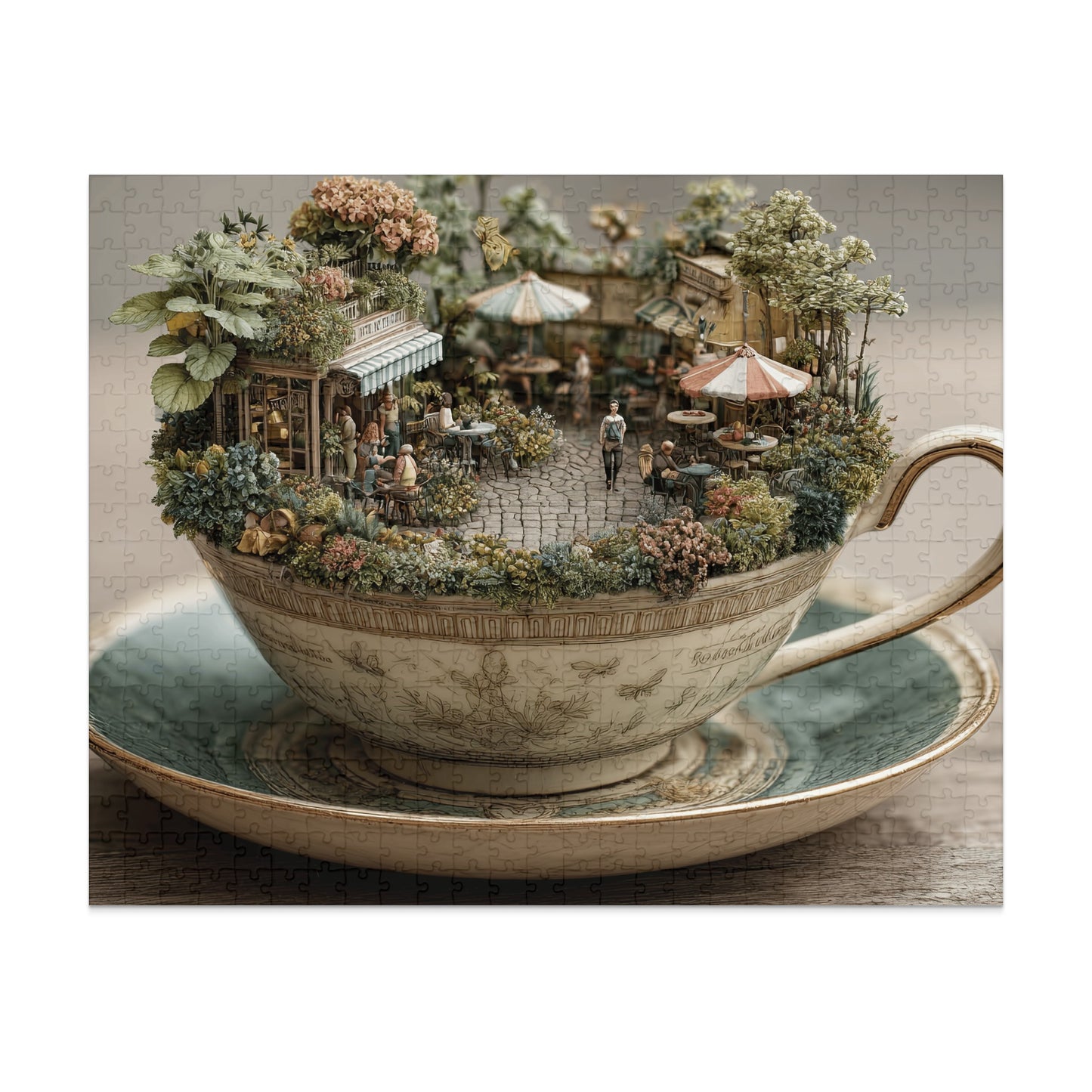 Miniature bustling cafe scene set inside an antique teacup and saucer.