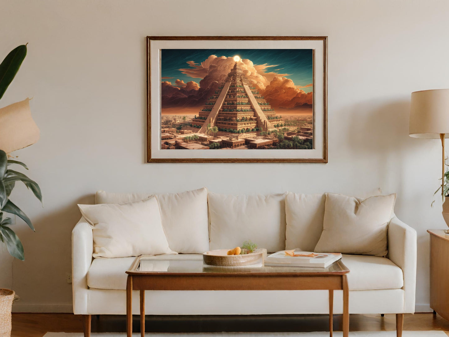 Pyramid at sunset with dramatic clouds, framed artwork above couch.