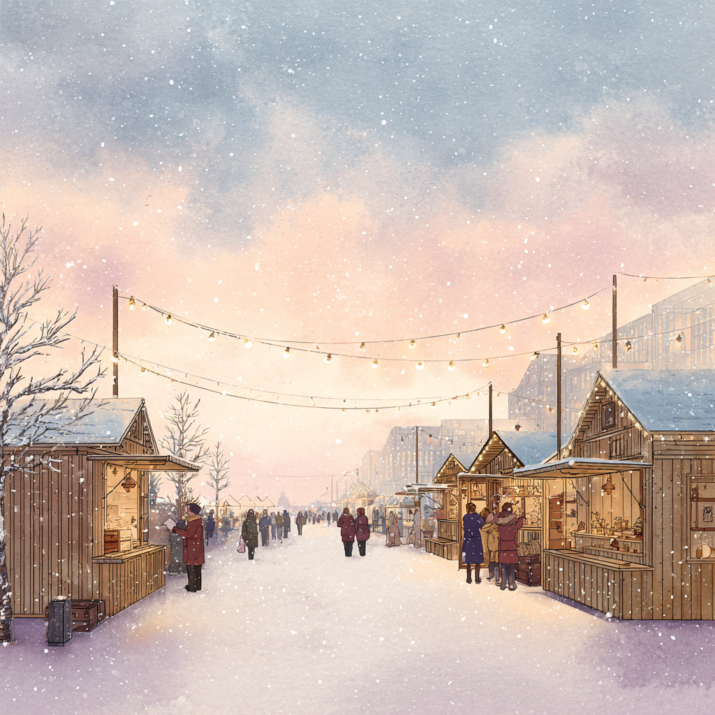 Cozy Snowy Market Scene at Dusk Wall Art