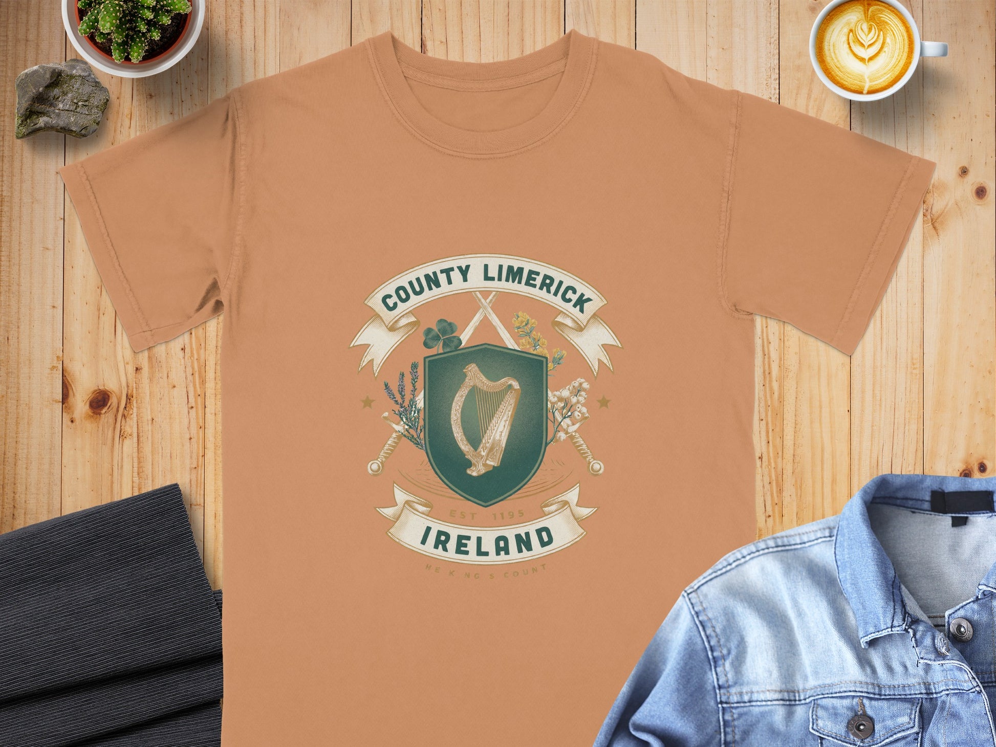 Orange t-shirt with County Limerick, Ireland crest featuring a harp and swords.