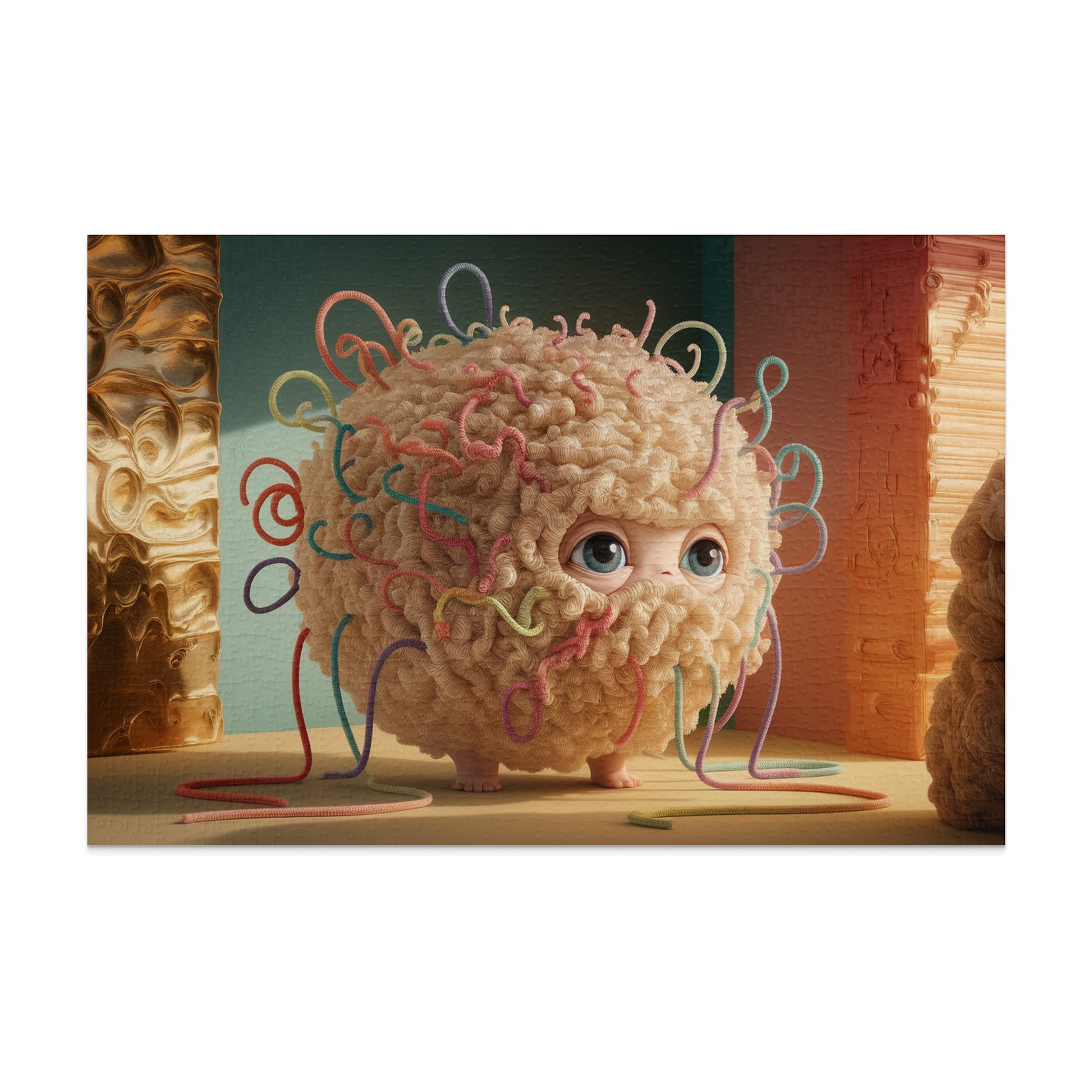 Fluffy round creature with multicolored yarn strands and large blue eyes.