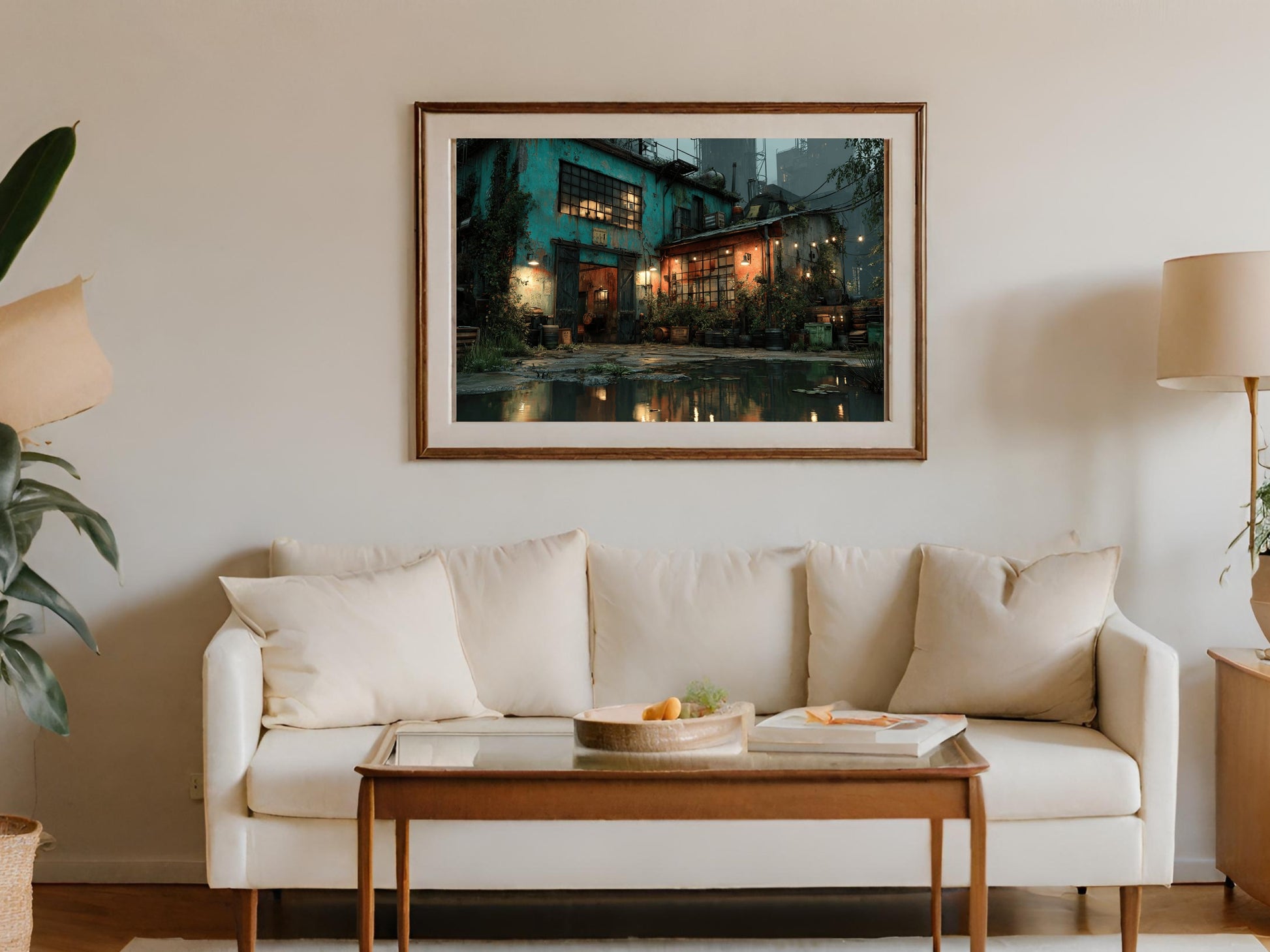 Framed print of a dimly lit, industrial building with reflections in water.