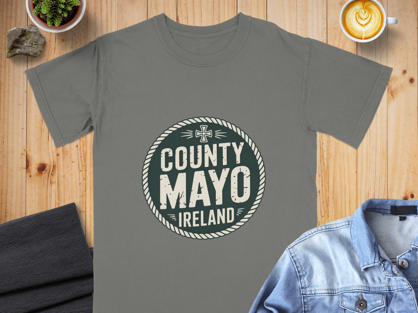 Grey t-shirt with a circular graphic reading "COUNTY MAYO IRELAND"